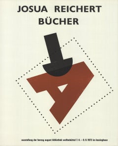 1973 Josua Reichert 'Books' Vintage Red, Black, White Linocut