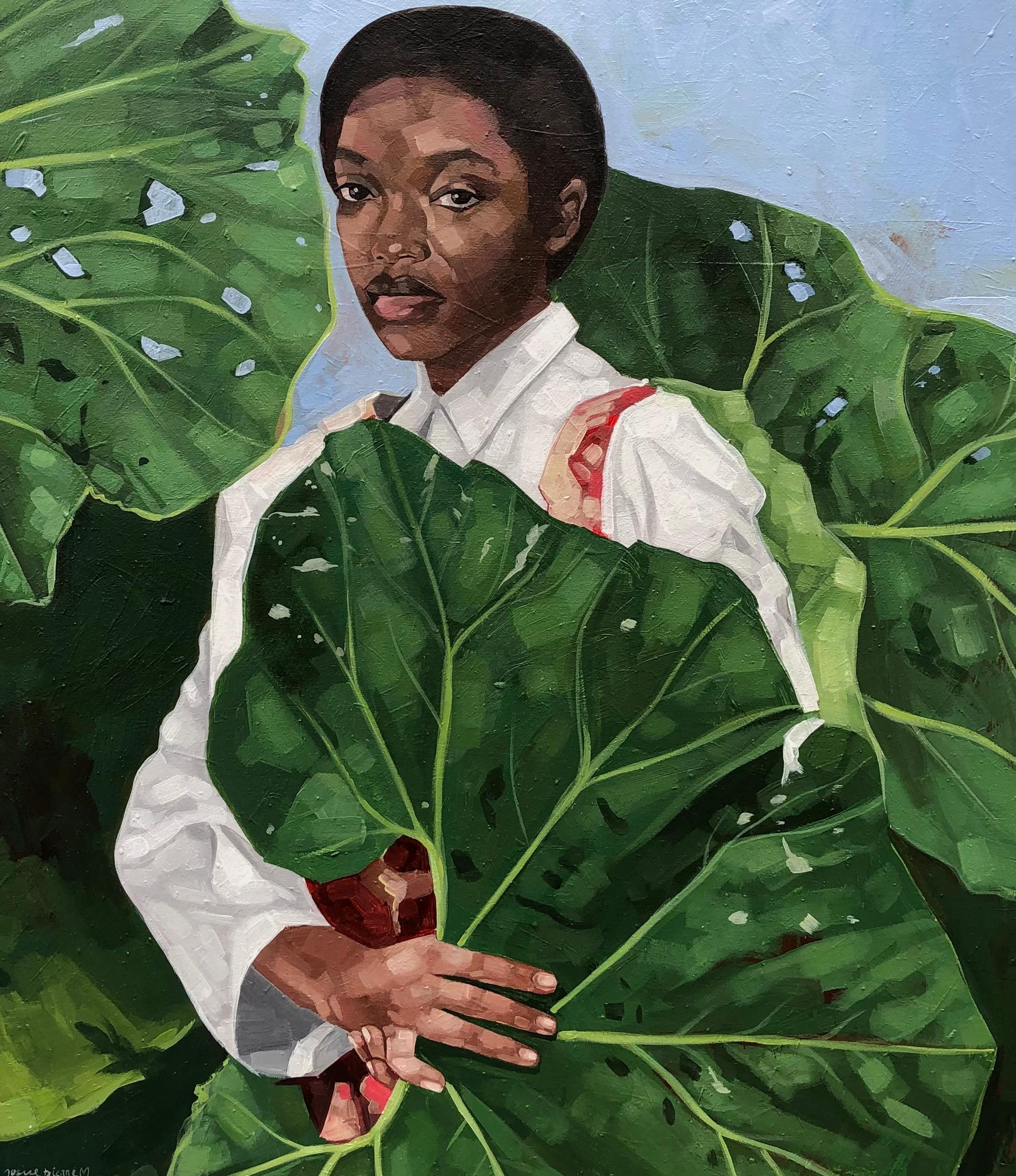 Angelic -21st Century, Contemporary, Figurative Portrait, Woman, Nature, Africa - Black Portrait Painting by Josue M Pierre