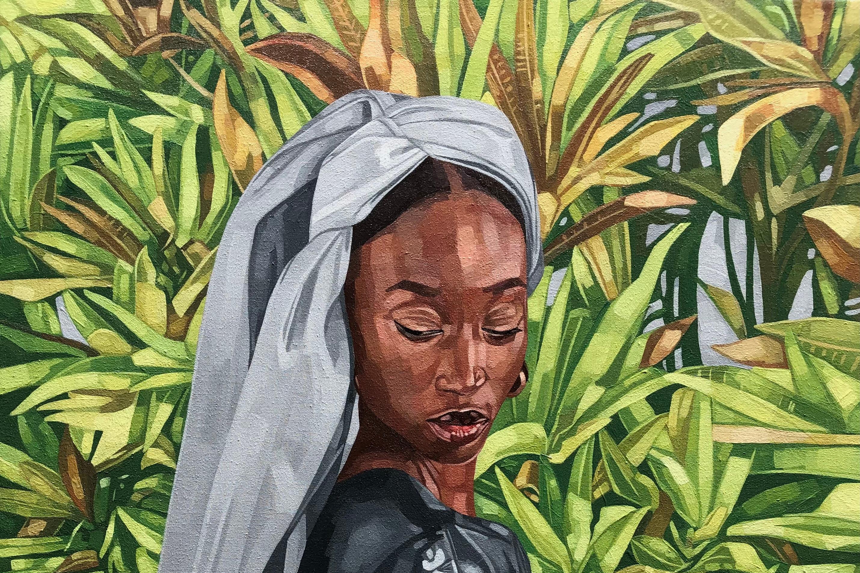 Boubou - Siglo XXI, Contemporáneo, Figurativo, Retrato, Plantas, Mujeres, África - Painting de Josue M Pierre