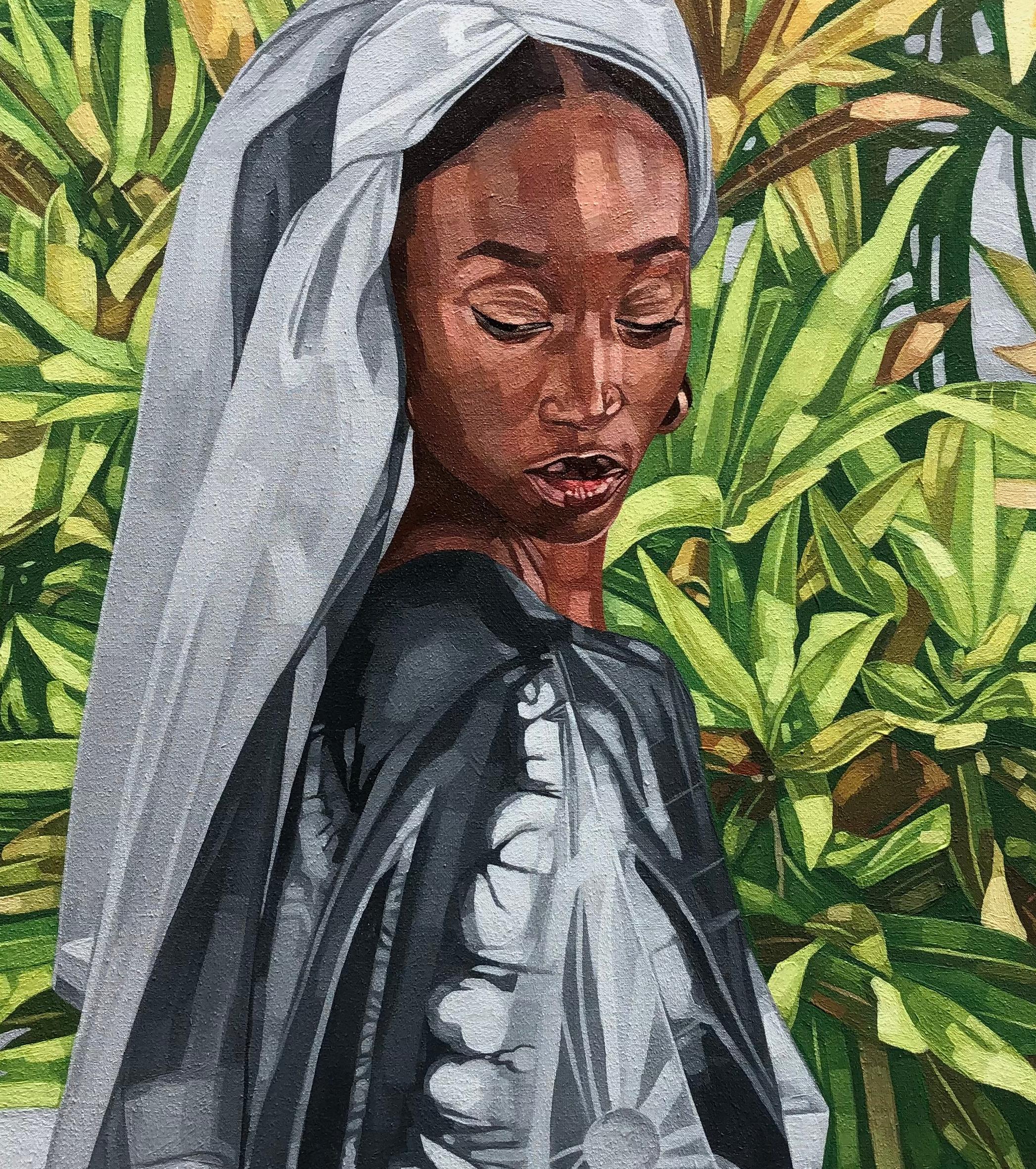 Boubou - Siglo XXI, Contemporáneo, Figurativo, Retrato, Plantas, Mujeres, África - Portrait Painting Gris de Josue M Pierre
