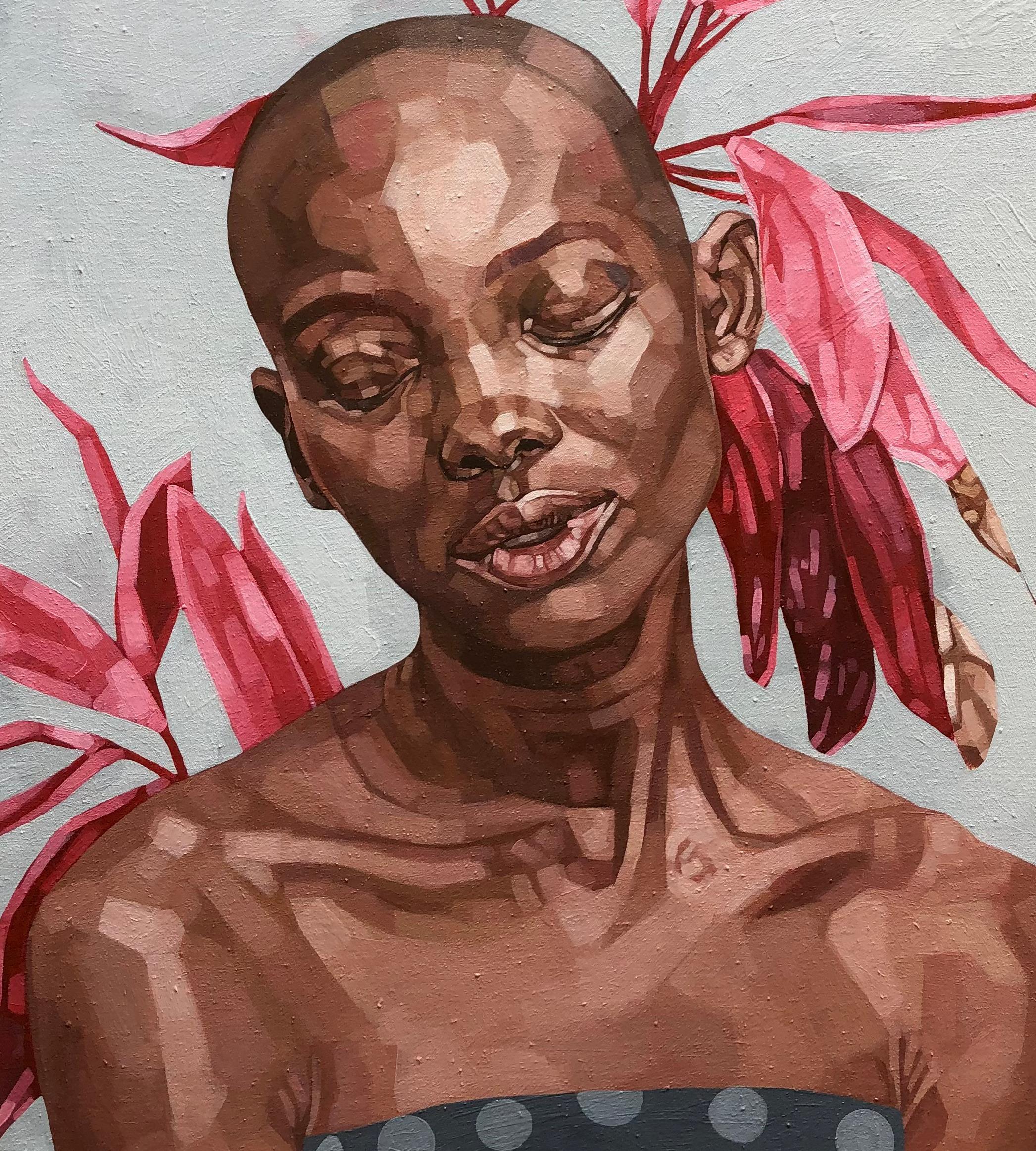 Diosa Siente - Siglo XXI, Contemporáneo, Figurativo, Retrato, Plantas, Mujeres - Portrait Painting Gris de Josue M Pierre
