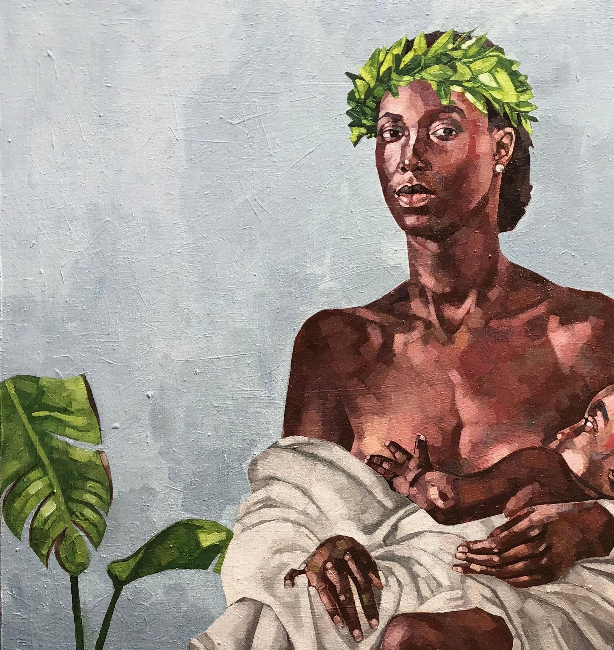 Joyline 2 - 21° secolo, Contemporaneo, Figurativo, Donna che allatta un bambino - Painting di Josue M Pierre
