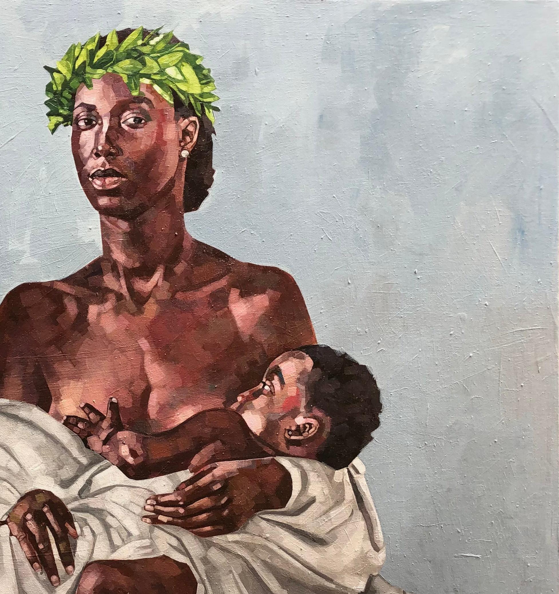 Joyline 2 - 21° secolo, Contemporaneo, Figurativo, Donna che allatta un bambino - Painting Espressionista di Josue M Pierre
