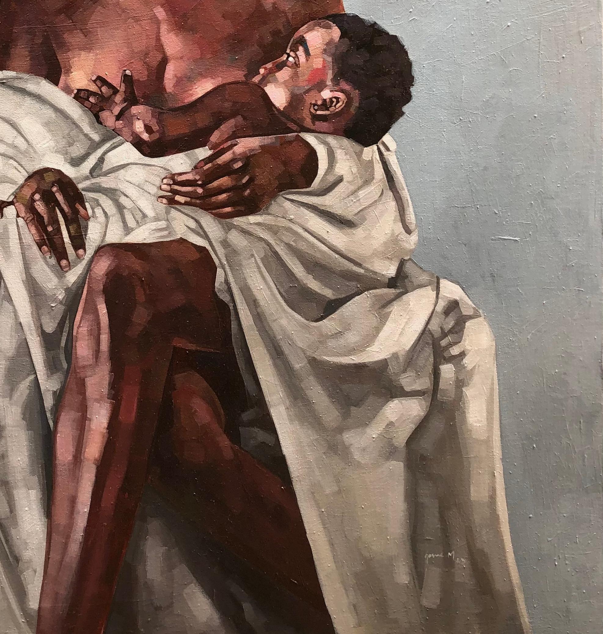 Joyline 2 - 21° secolo, Contemporaneo, Figurativo, Donna che allatta un bambino - Figurative Painting Grigio di Josue M Pierre