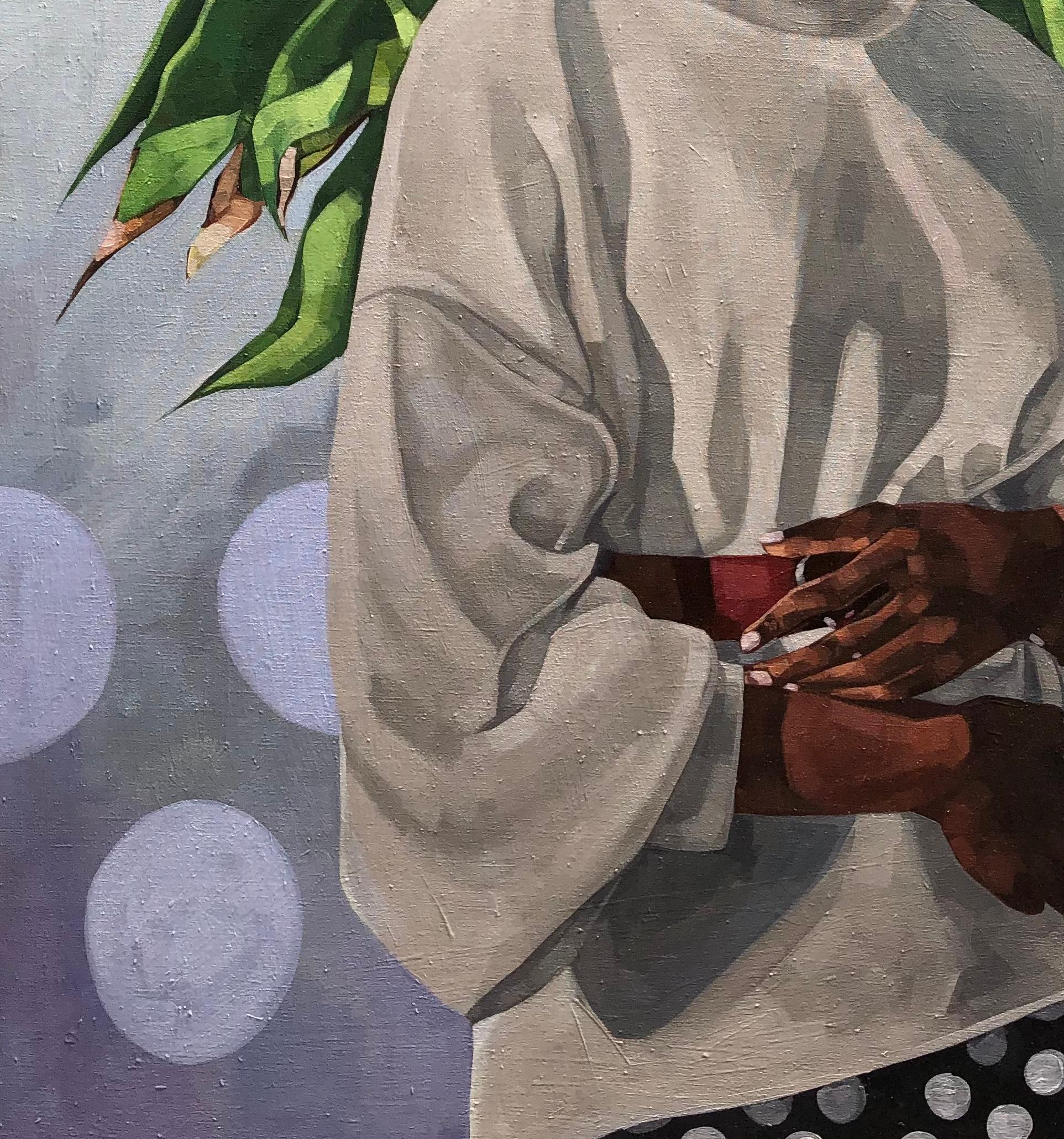 Maya - 21° secolo, Contemporaneo, Ritratto figurativo, Donna con gli occhi chiusi - Figurative Painting Grigio di Josue M Pierre