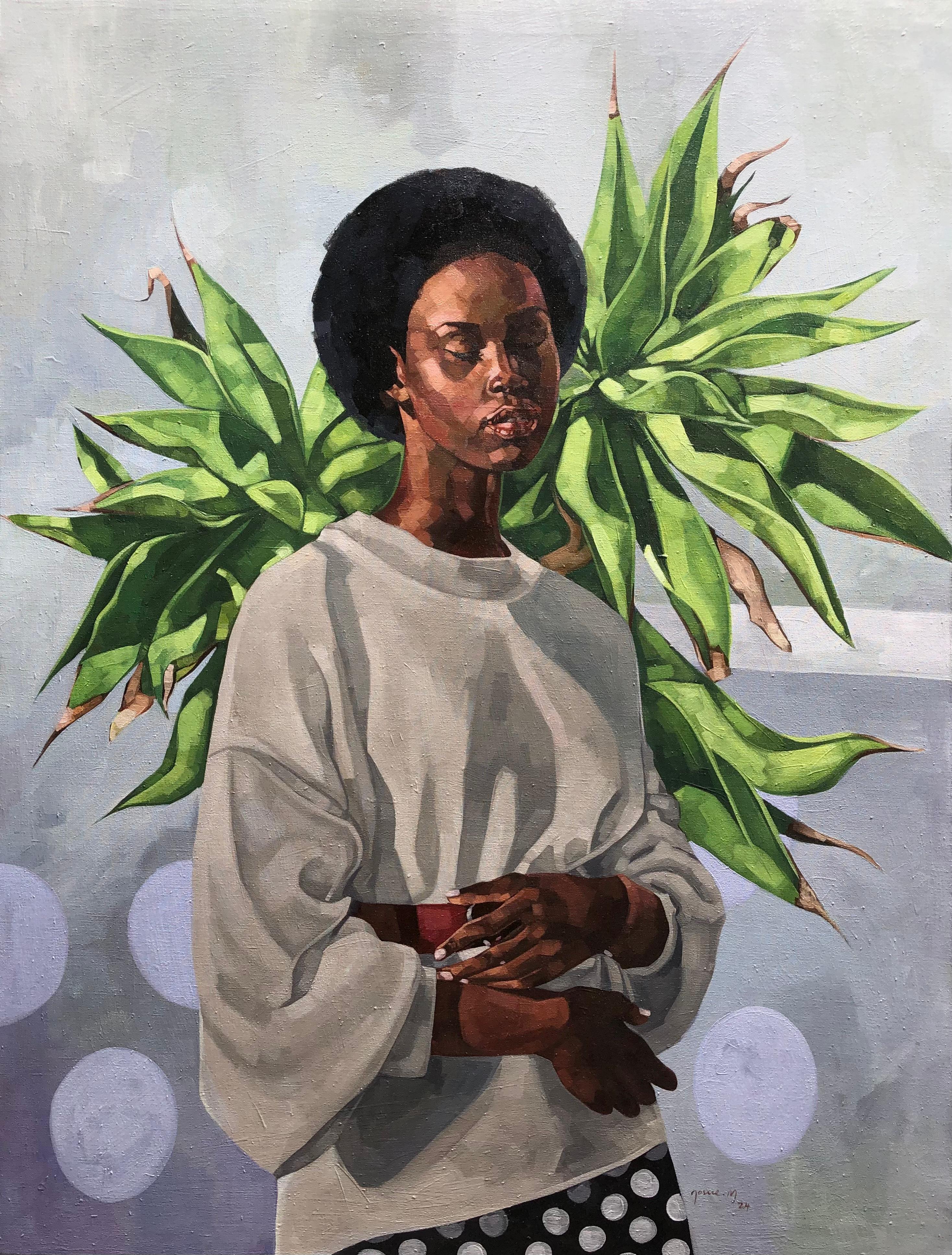 Figurative Painting di Josue M Pierre - Maya - 21° secolo, Contemporaneo, Ritratto figurativo, Donna con gli occhi chiusi