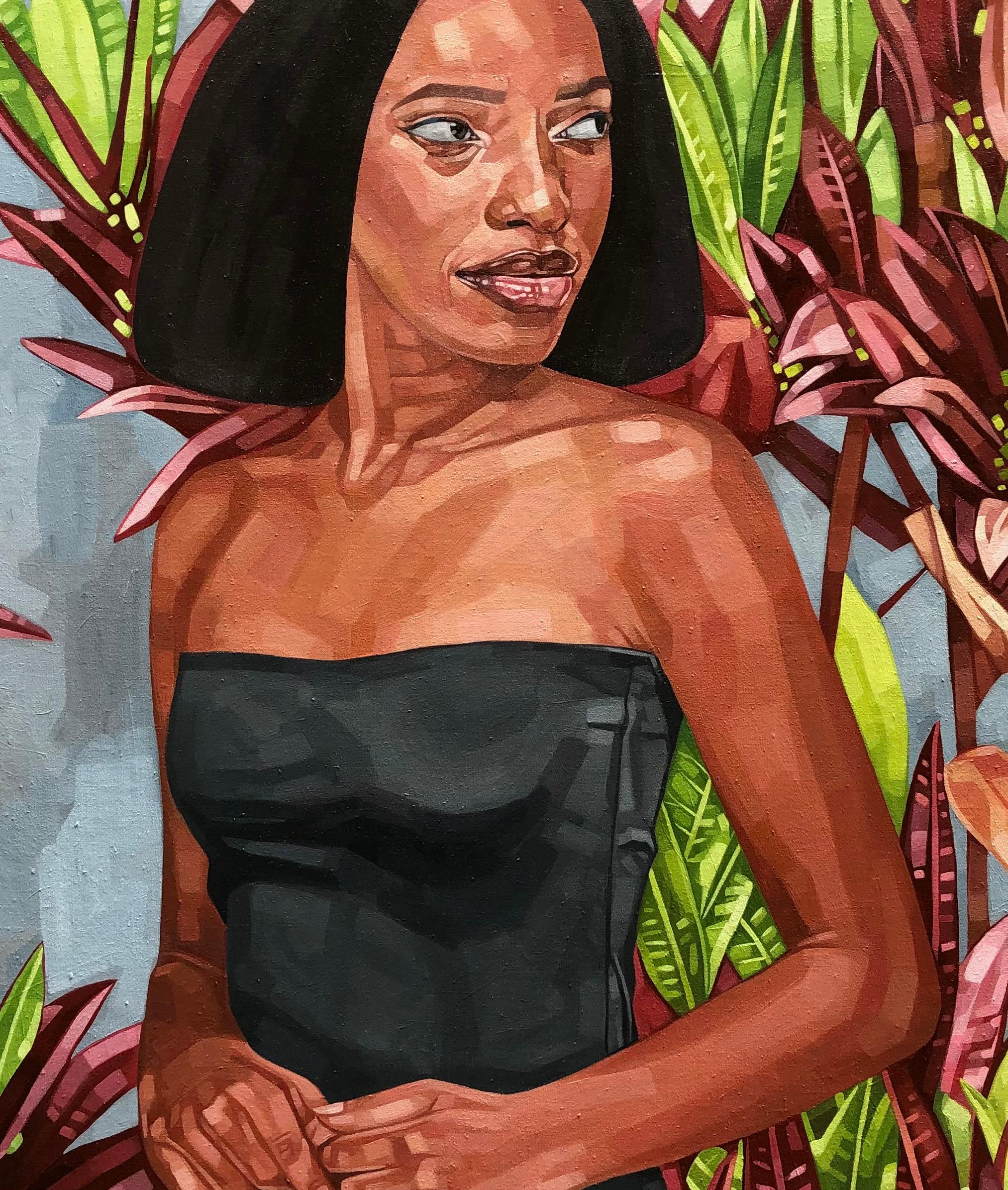 Simple Times - Siglo XXI, Contemporáneo, Figurativo, Retrato, Plantas, Mujeres - Portrait Painting Marrón de Josue M Pierre