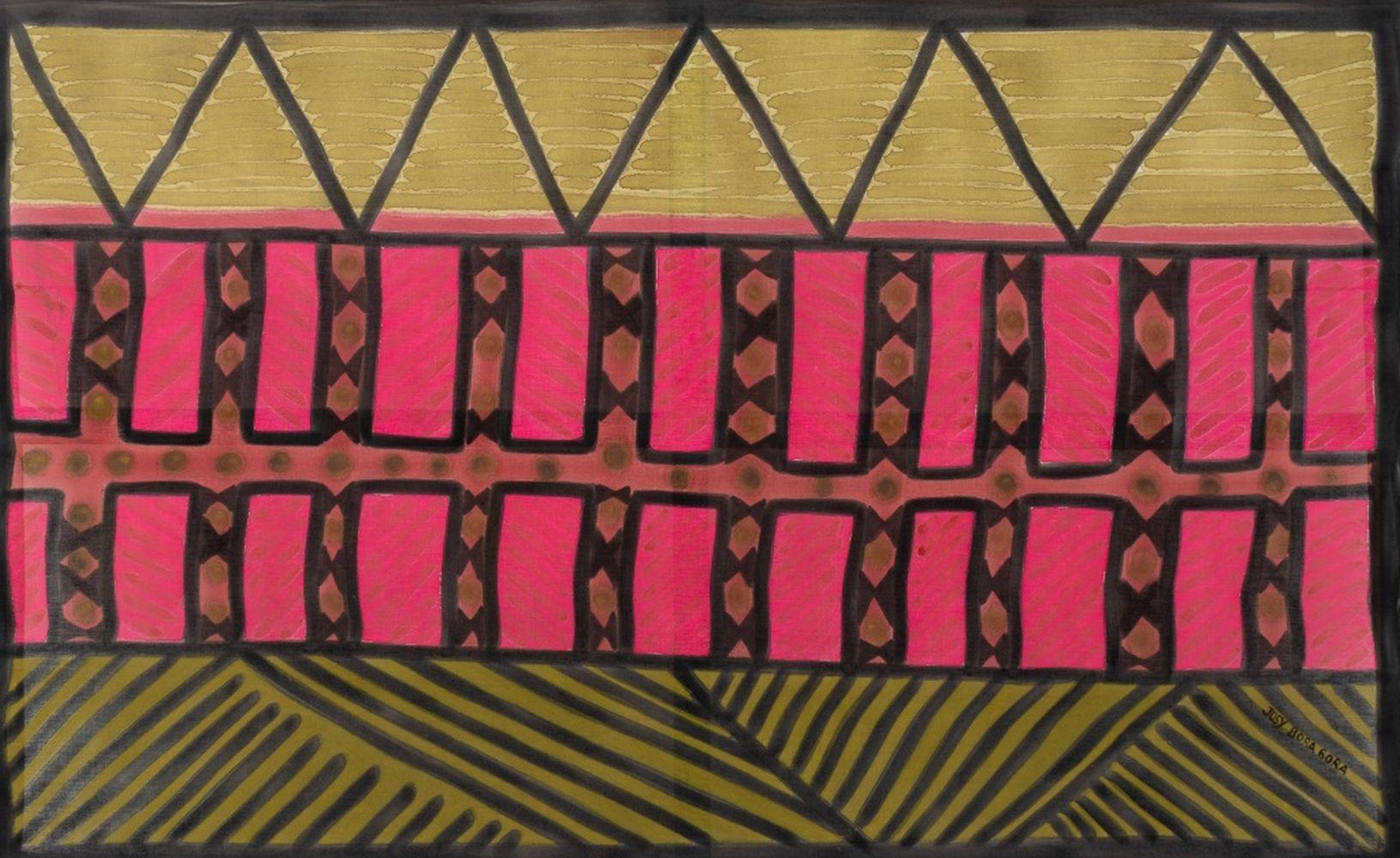 Josy (XX), Geometrische abstrakte Komposition aus Bora Bora, Gemaltes Textil, signiert unten rechts, ungerahmt. 42