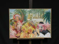 Huge French Surrealist Fantasy Oil Painting Carnival Figures Colorful