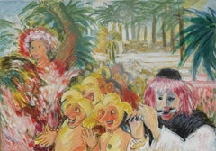 Grande peinture à l'huile surréaliste française - Figures de carnaval colorées et surréalistes