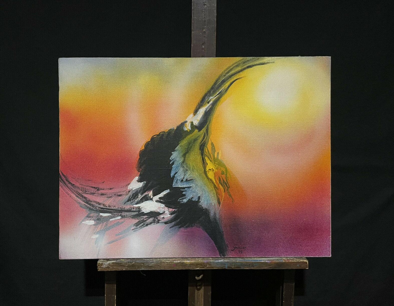 Französisches surrealistisches Fantasie-Ölgemälde, tanzender Vogel, orange-gelber Himmel – Painting von Josyne Gallet
