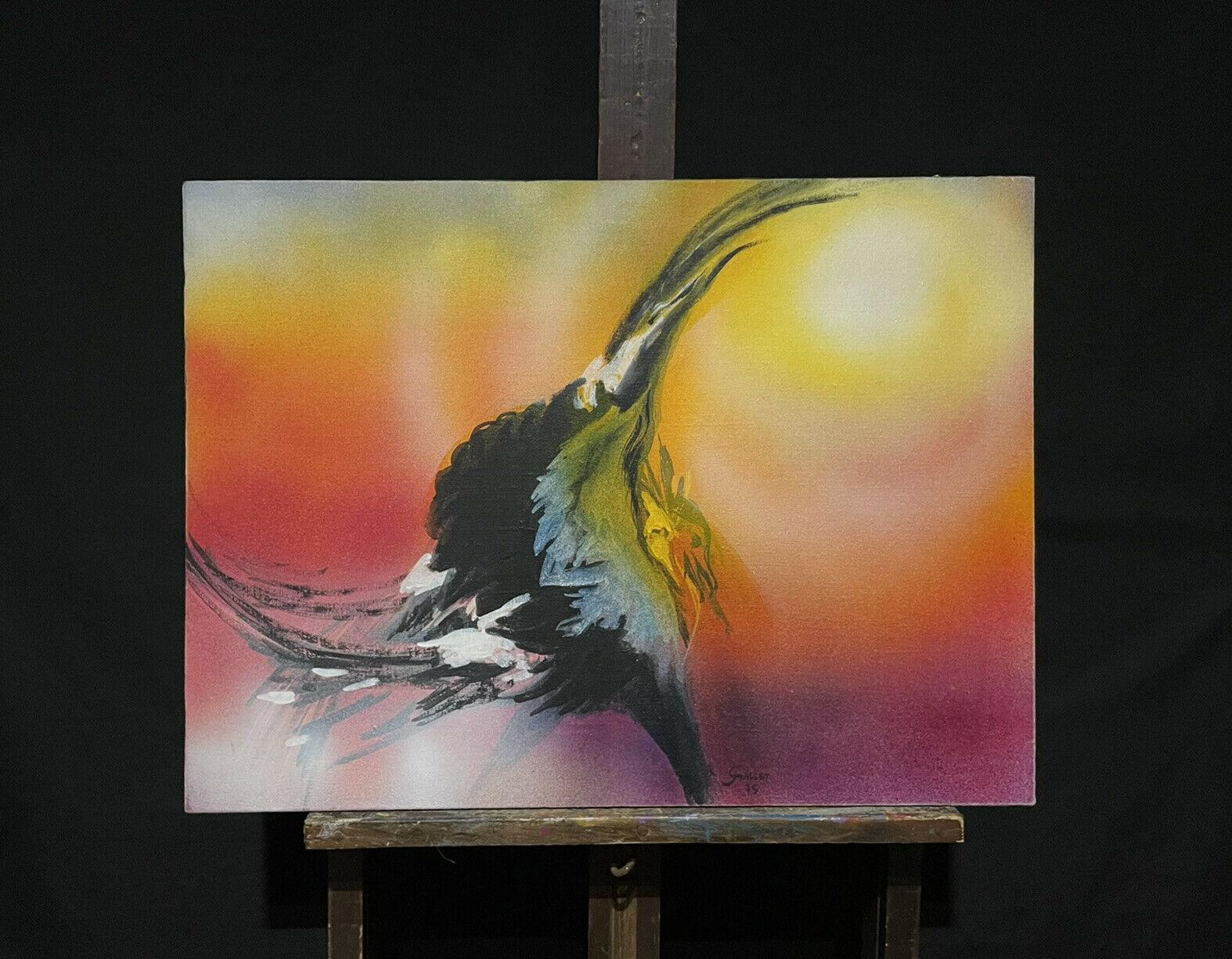 Enorme pittura ad olio surrealista francese di fantasia Uccello danzante Arancione Cielo giallo - Painting di Josyne Gallet