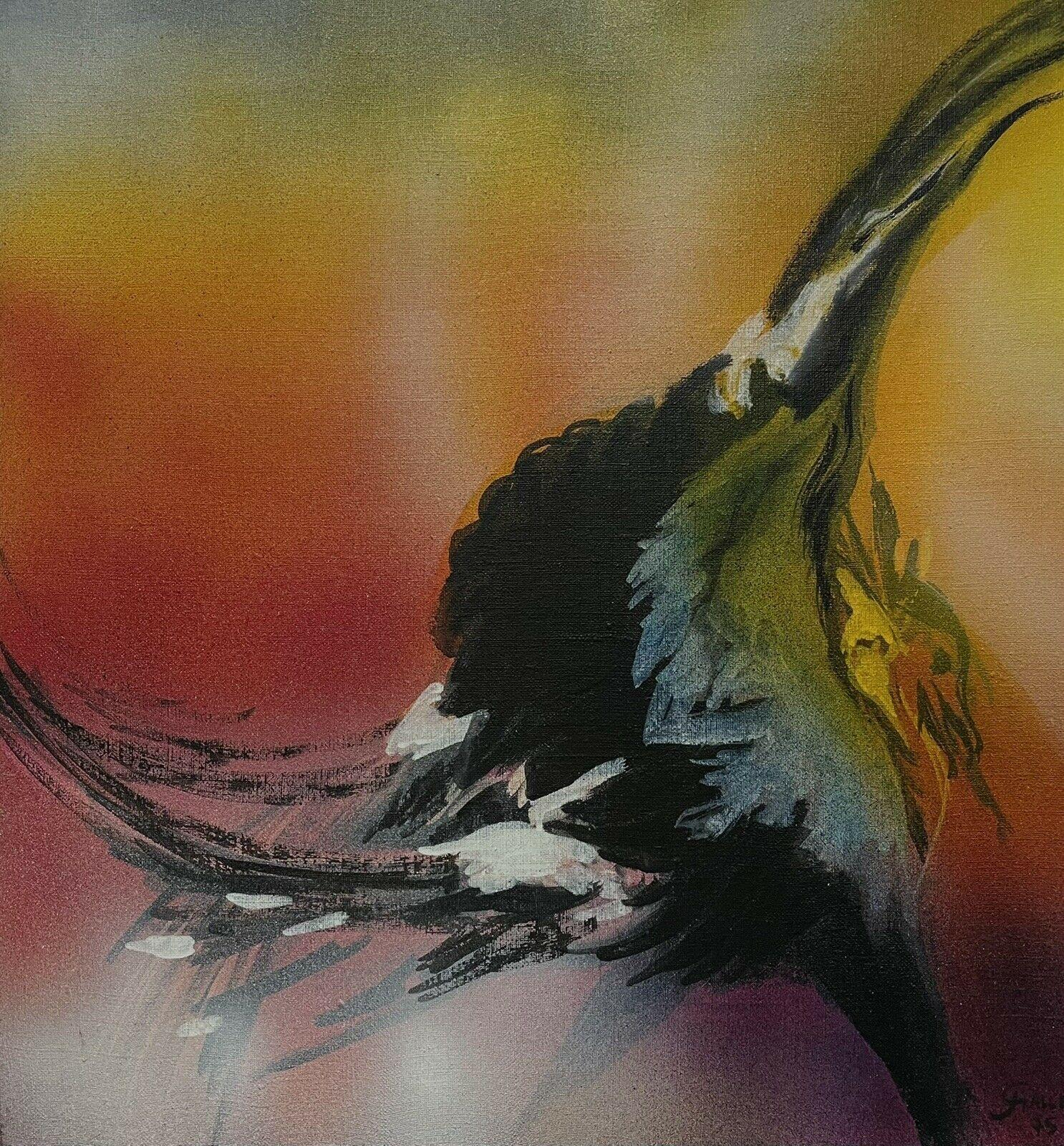 Französisches surrealistisches Fantasie-Ölgemälde, tanzender Vogel, orange-gelber Himmel (Surrealismus), Painting, von Josyne Gallet