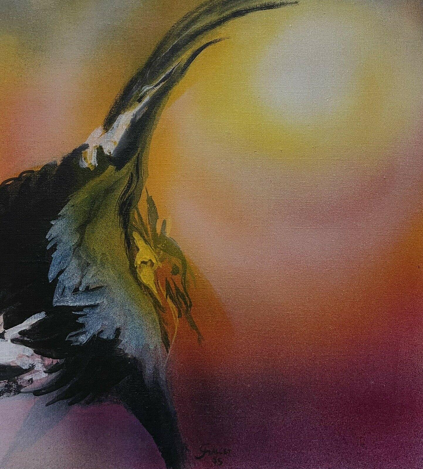Enorme pittura ad olio surrealista francese di fantasia Uccello danzante Arancione Cielo giallo - Animal Painting Marrone di Josyne Gallet