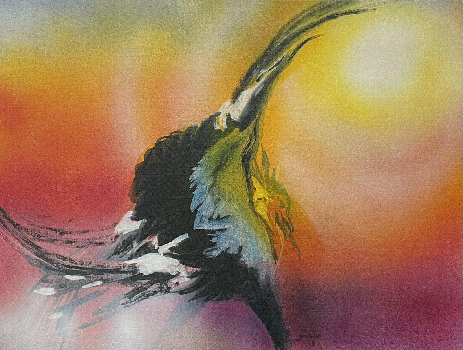 Animal Painting Josyne Gallet - Grande peinture à l'huile surréaliste française Fantaisie Oiseau dansant Orange Jaune Ciel
