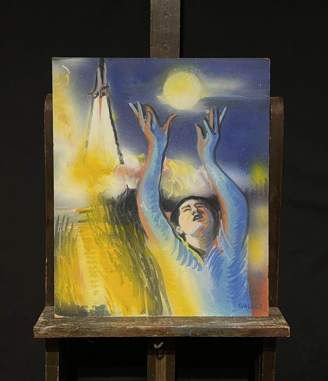 Enorme óleo surrealista francés de fantasía Figura flotante alcanzando la luna - Painting de Josyne Gallet