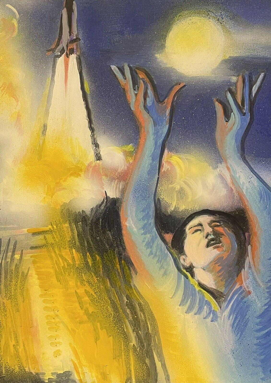 Enorme óleo surrealista francés de fantasía Figura flotante alcanzando la luna - Figurative Painting Marrón de Josyne Gallet