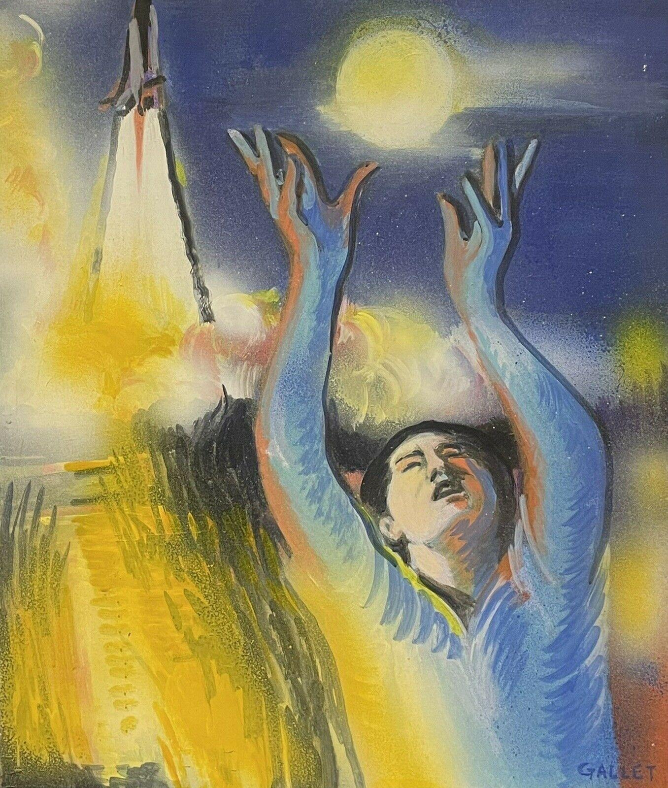 Figurative Painting de Josyne Gallet - Enorme óleo surrealista francés de fantasía Figura flotante alcanzando la luna