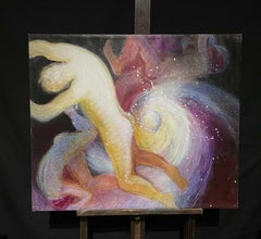 Huge French Surrealist Fantasy Oil Painting Floating Figures