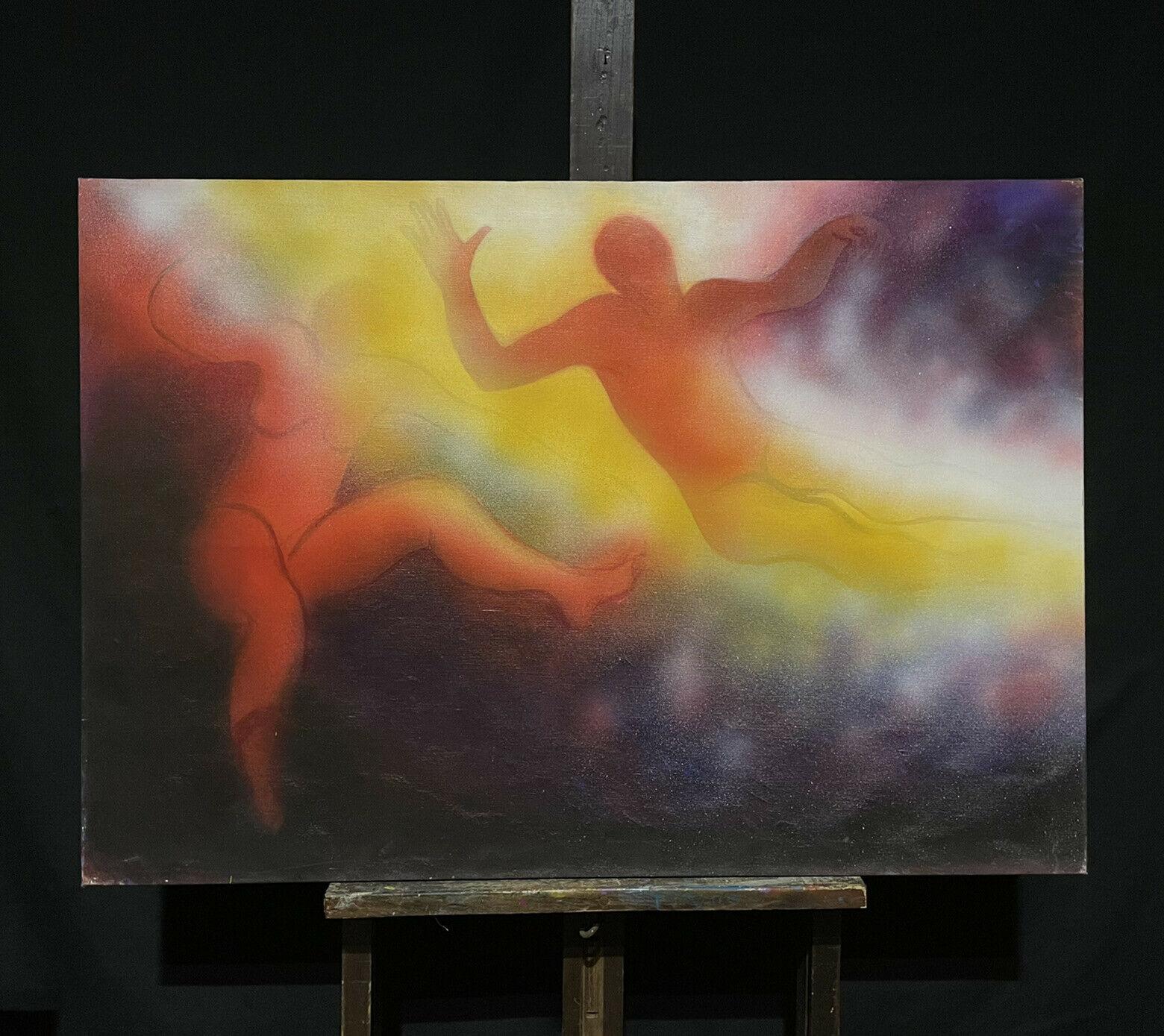 Großes französisches surrealistisches Fantasy-Ölgemälde mit schwebenden Figuren, signiert – Painting von Josyne Gallet