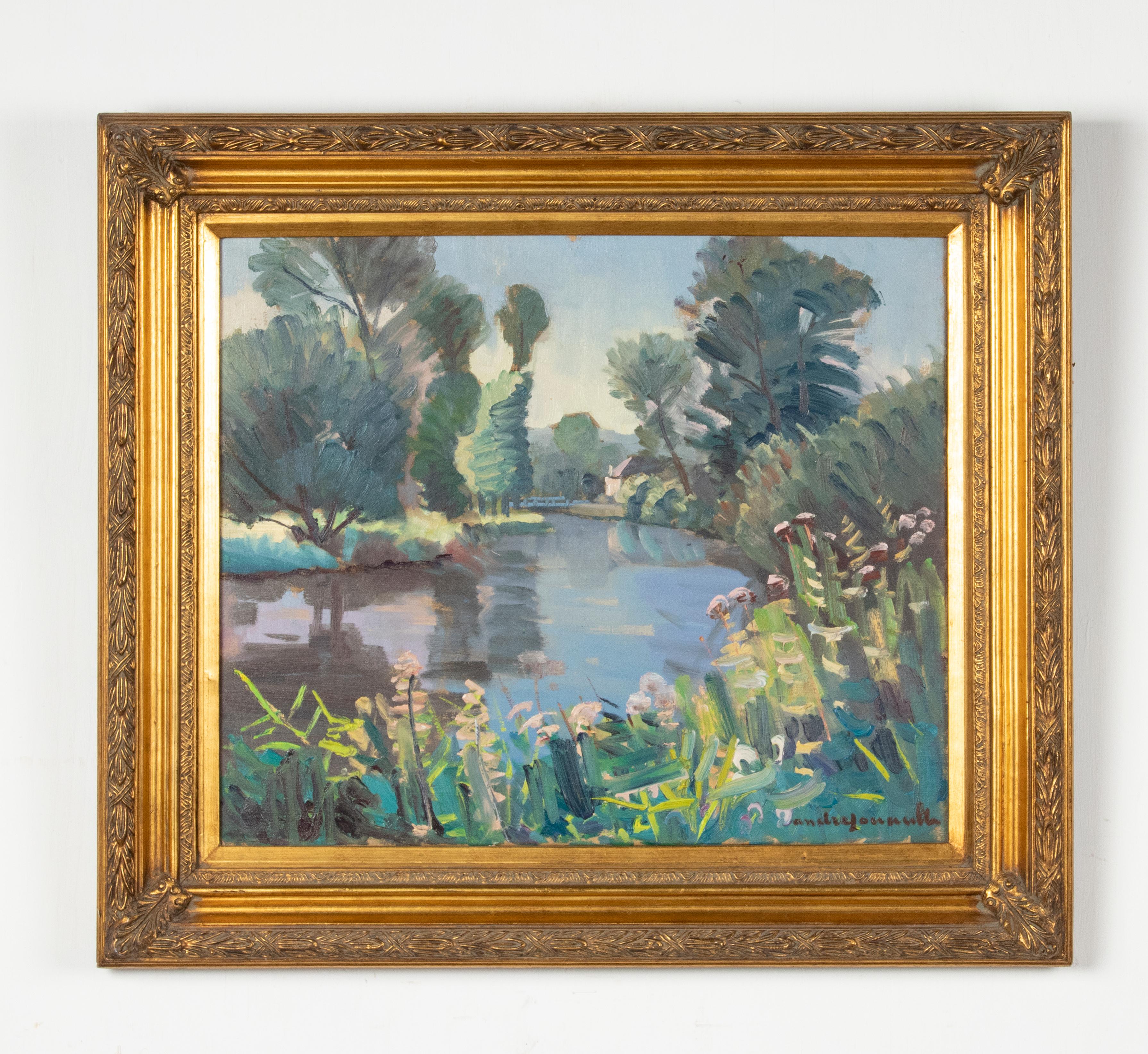 Beautiful painting, oil on canvas, of a park-like landscape. The painting has a somewhat impressionistic touch and a lively color palette. The painting is signed bottom right 'Andre Jouault'. The painting is framed in a beautiful gold-coloured