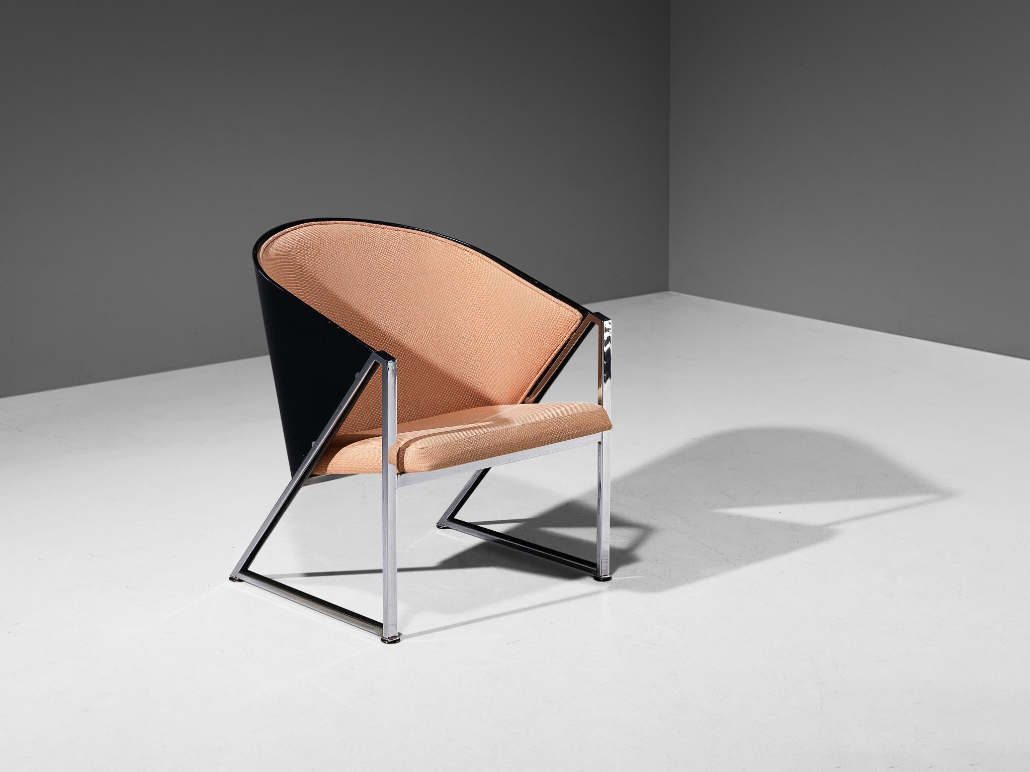 Jouko Järvisalo for Inno Interior OY, armchair model 'Mondi Soft', chrome-plated metal, fabric, lacquered wood, Finland, design 1986 

Finnish interior architect Jouko Järvisalo created this lounge chair that features an unconventional form. This