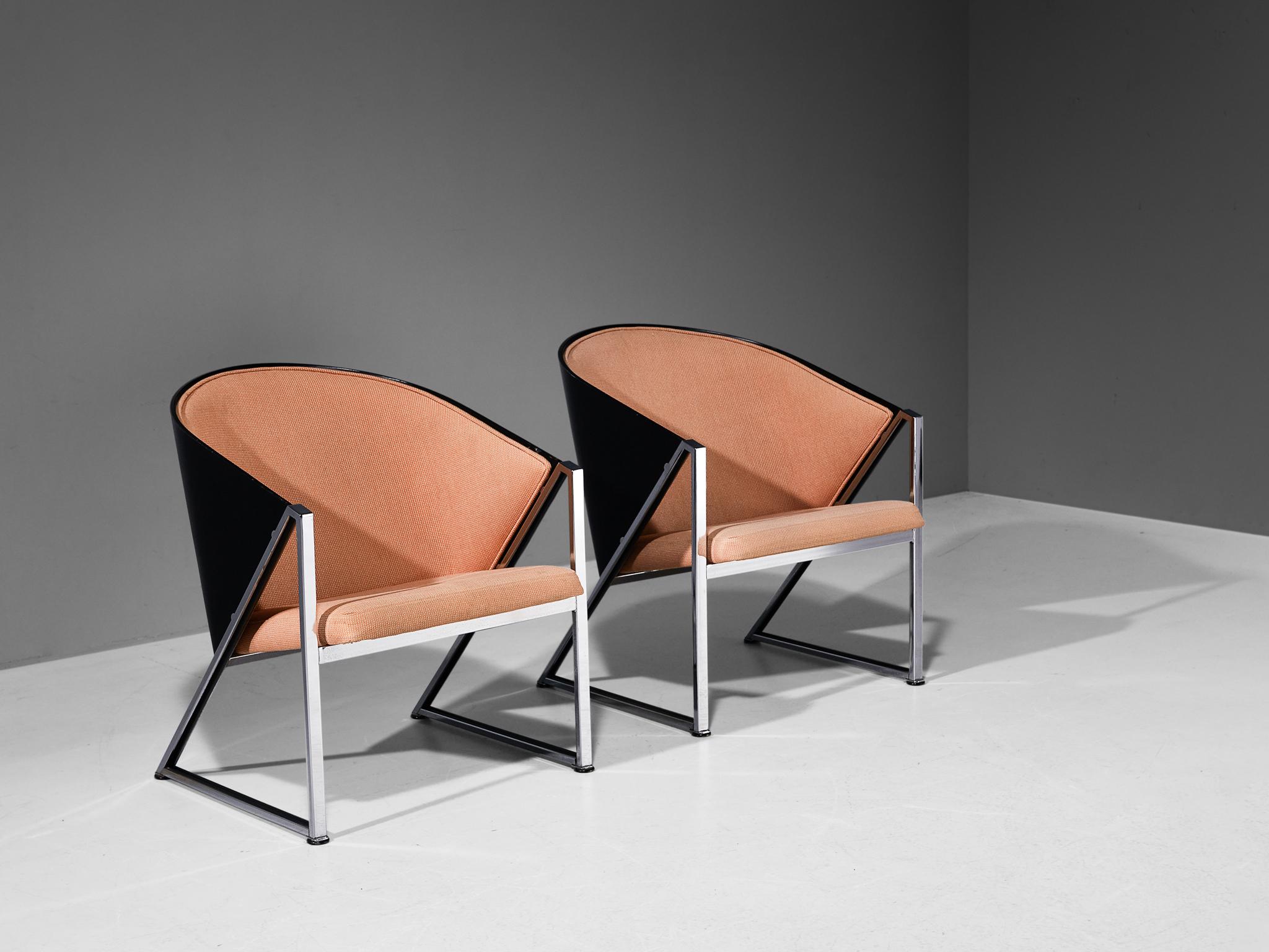 Jouko Järvisalo for Inno Interior OY, armchairs model 'Mondi Soft', chrome-plated metal, fabric, lacquered wood, Finland, design 1986 

Finnish interior architect Jouko Järvisalo created these lounge chairs that feature an unconventional form.