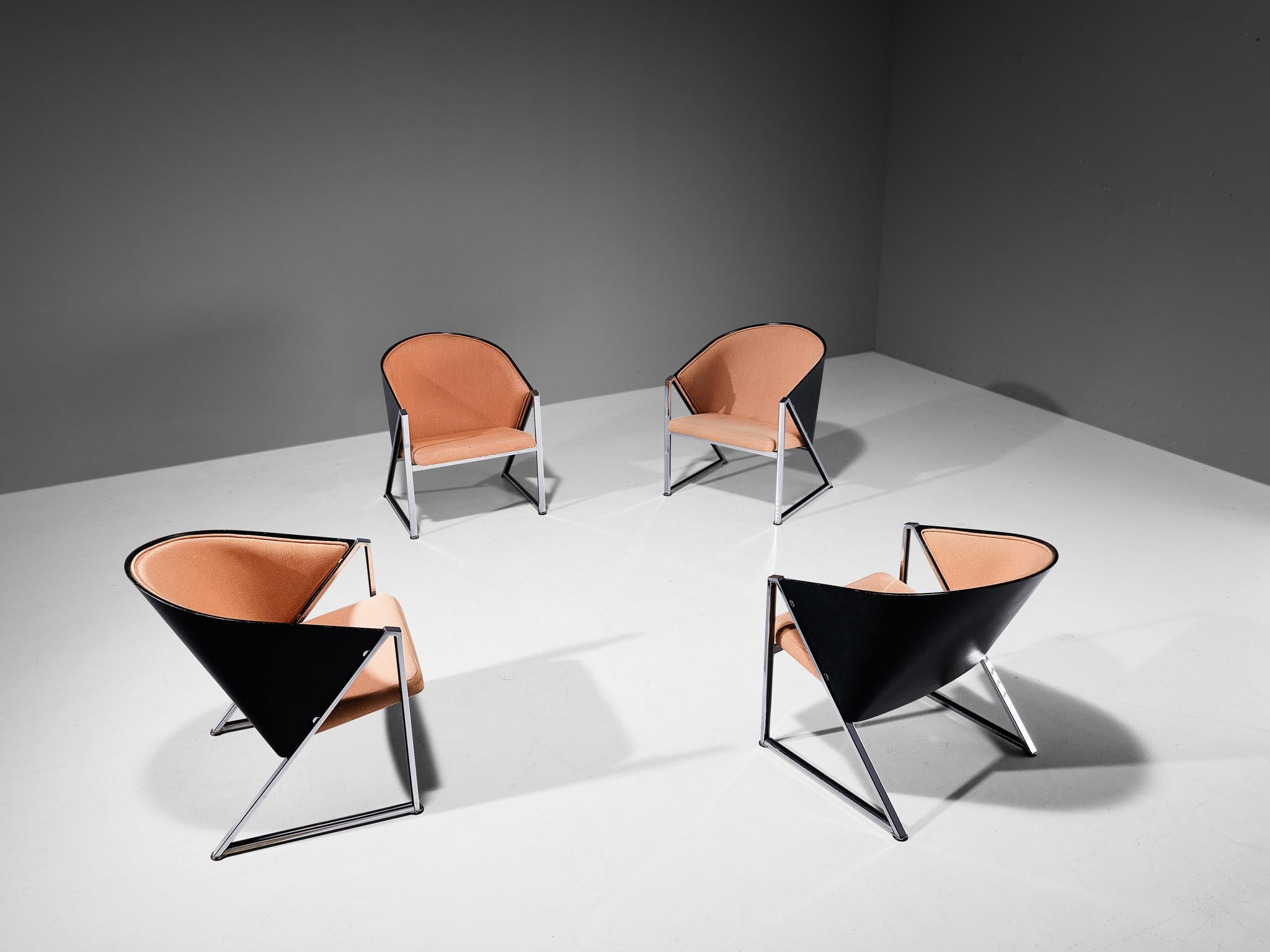 Jouko Järvisalo for Inno Interior OY, armchairs model 'Mondi Soft', chrome-plated metal, fabric, lacquered wood, Finland, design 1986.

Finnish interior architect Jouko Järvisalo created these lounge chairs that feature an unconventional form. This