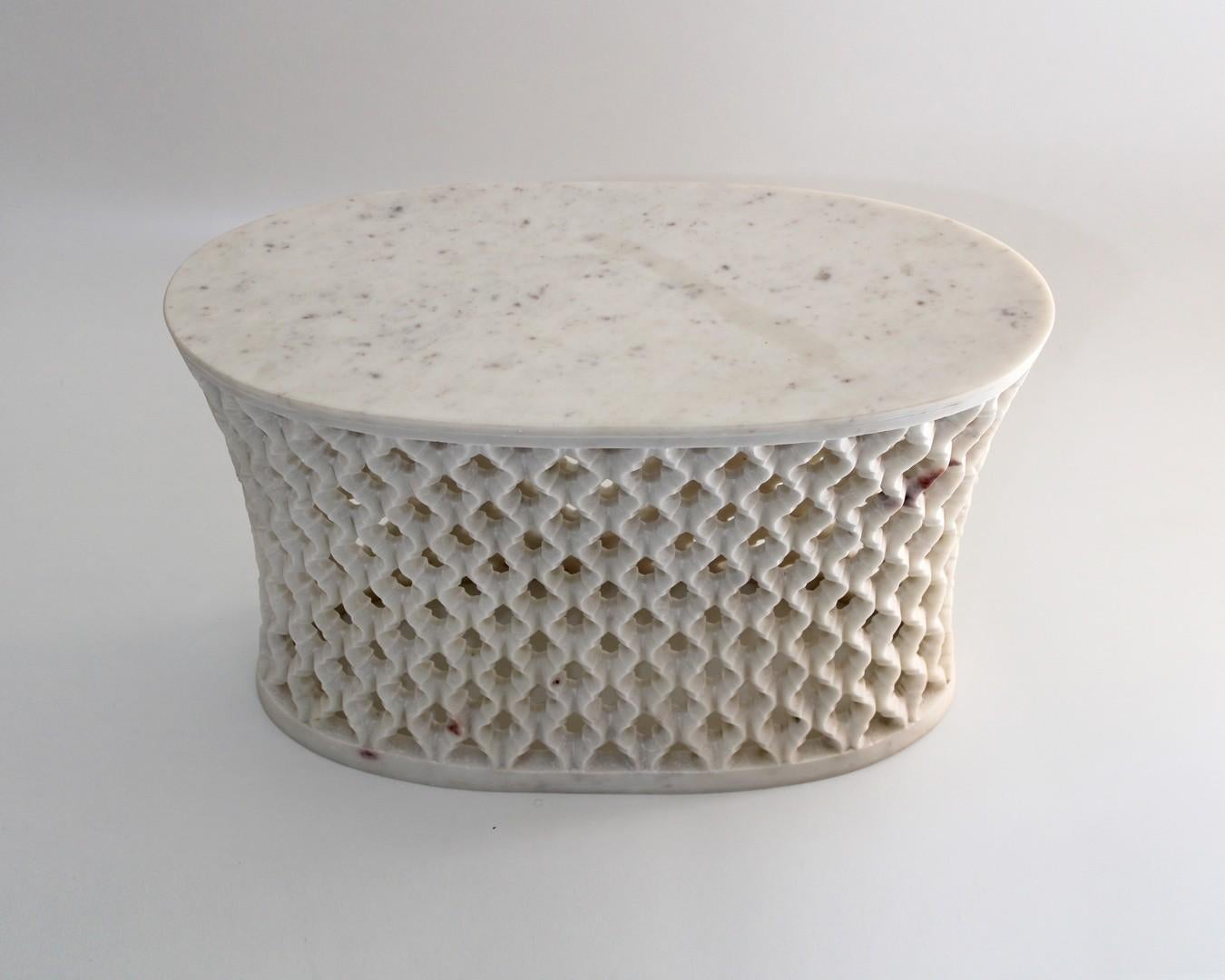 American Jour Jali Oval Table in White Marble by Paul Mathieu for Stephanie Odegard For Sale