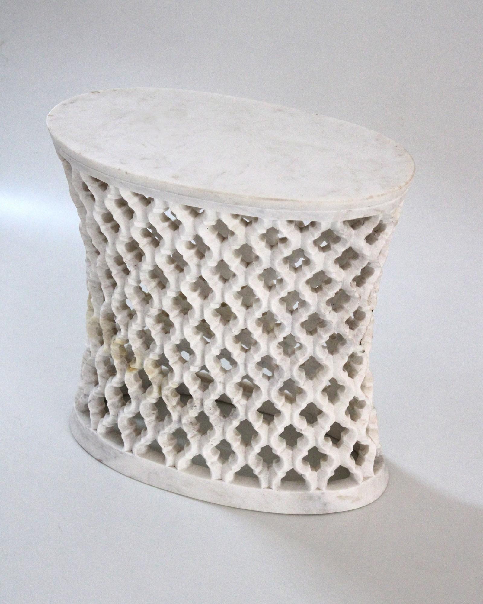 Hand-Carved Jour Jali Oval Table in White Marble by Paul Mathieu for Stephanie Odegard For Sale