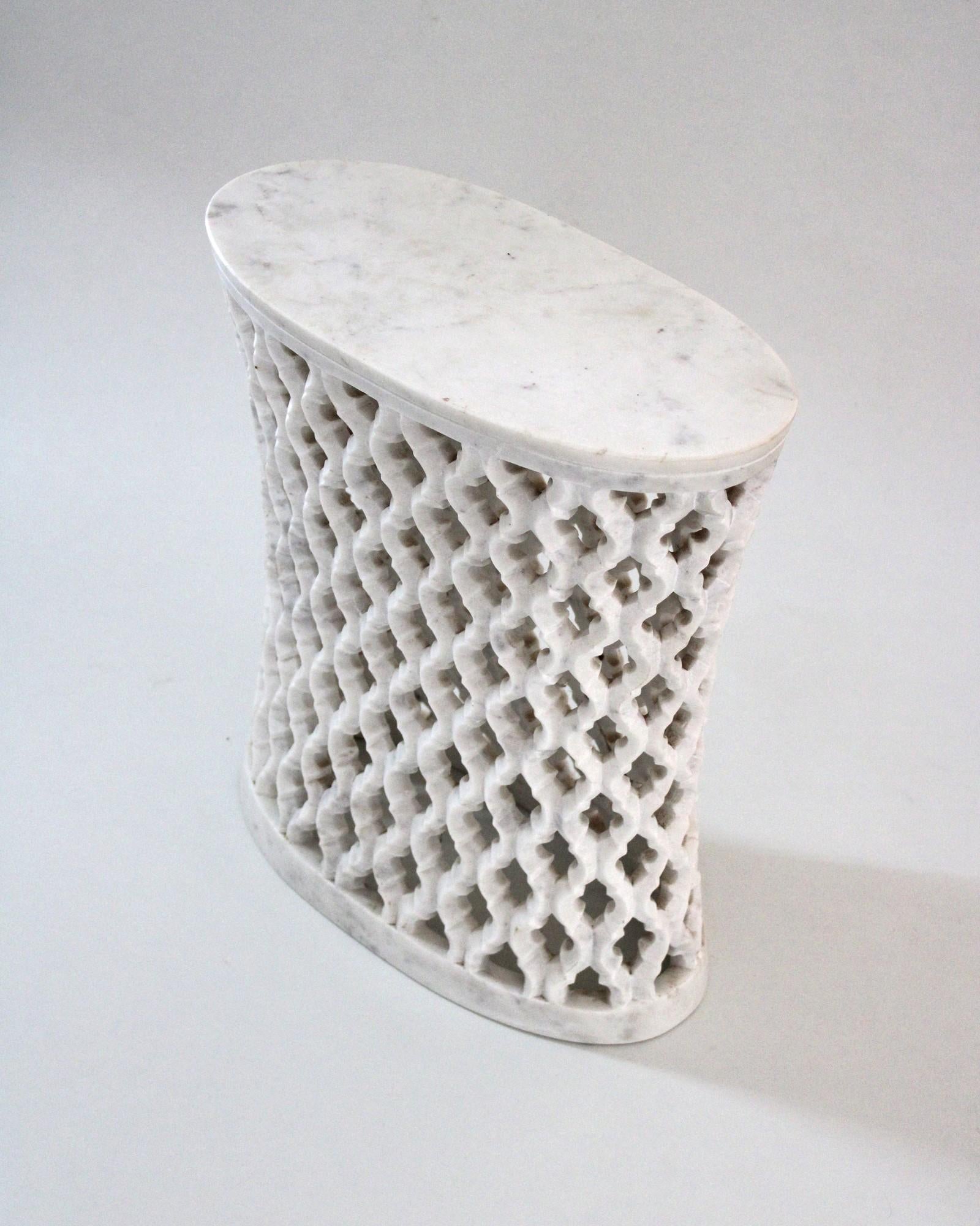 Hand-Carved Jour Jali Oval Table in White Marble by Paul Mathieu for Stephanie Odegard For Sale