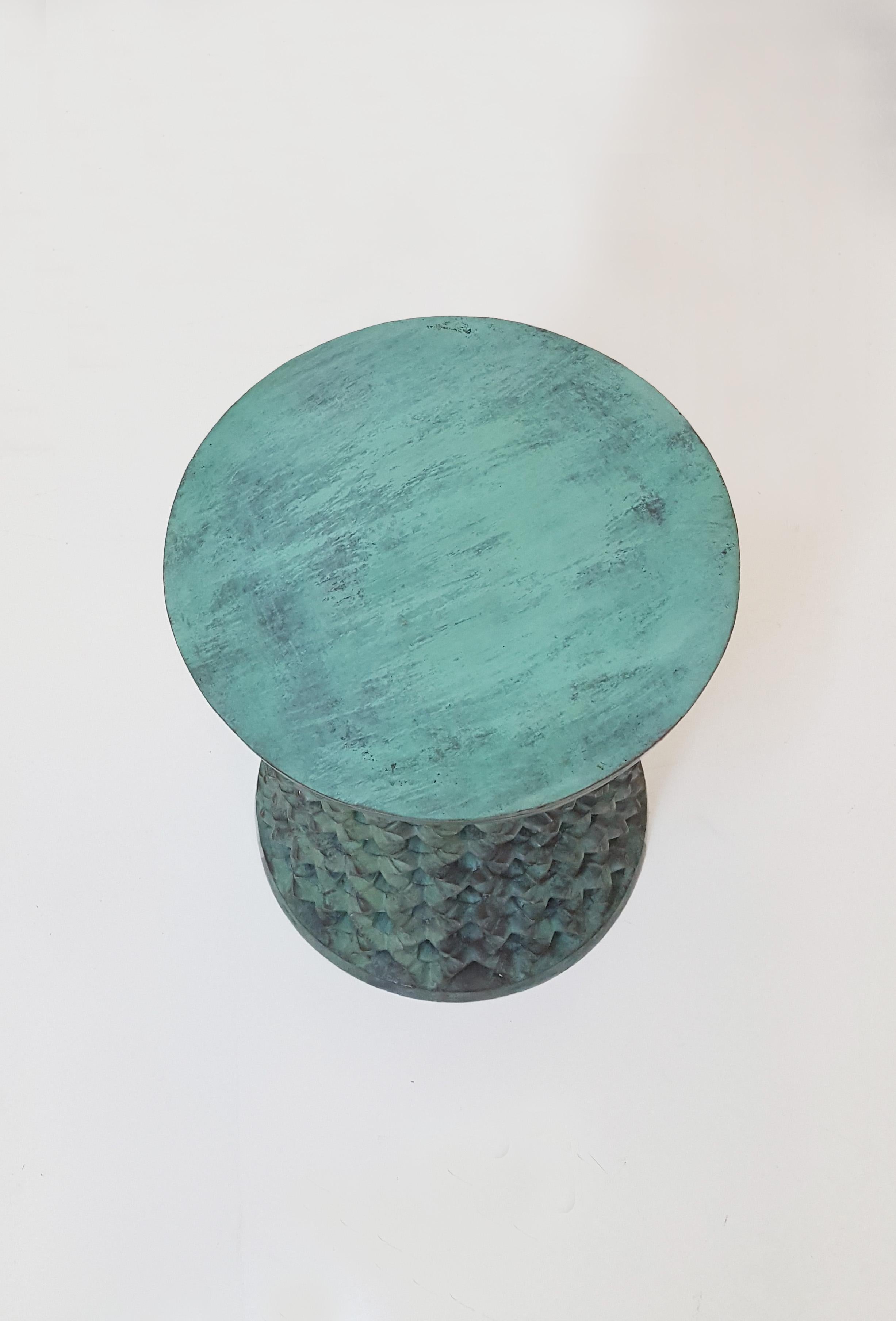 Hand-Carved Jour Round Jali Table Brass Green Patina by Paul Mathieu for Stephanie Odegard For Sale