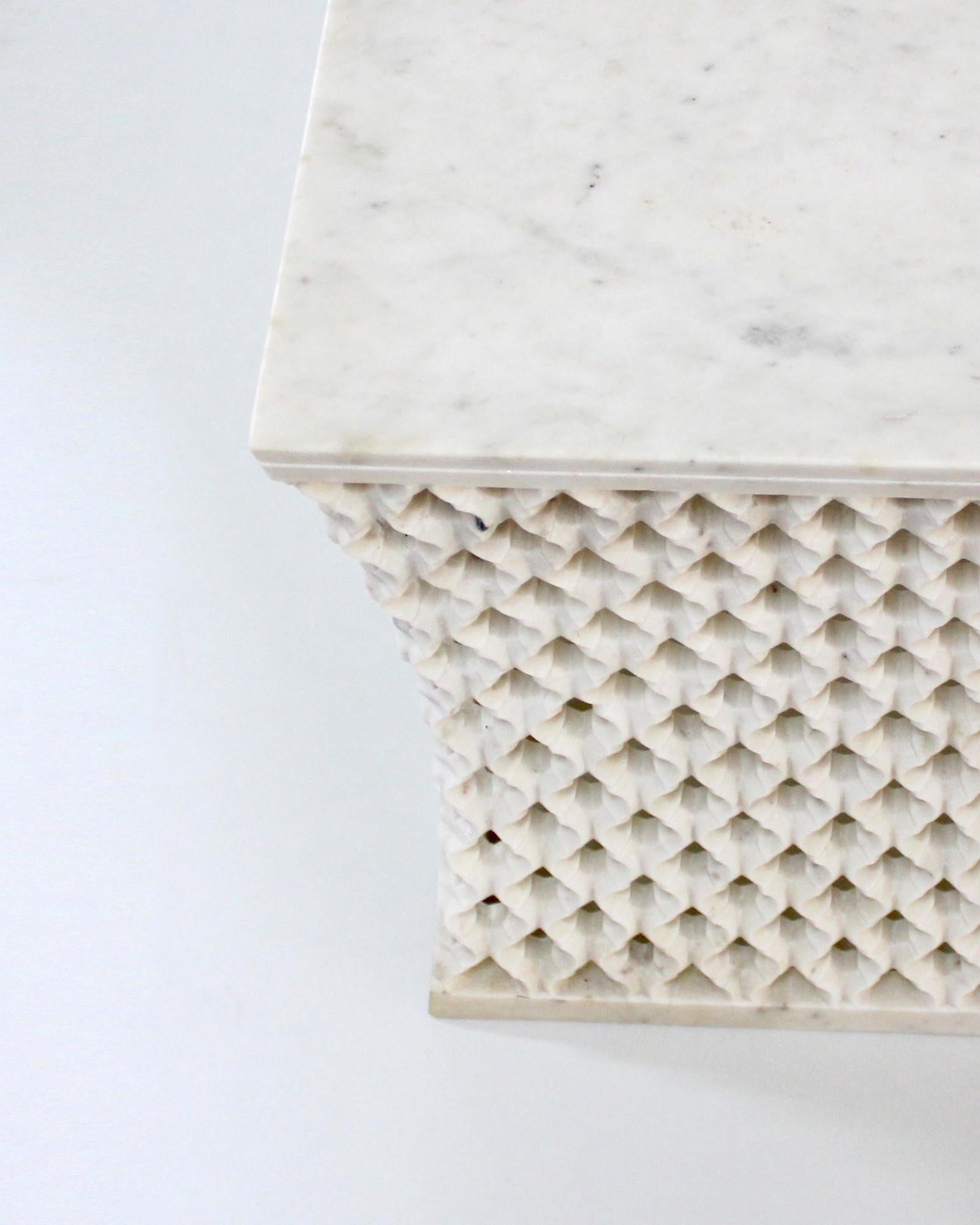 Hand-Carved Jour Jali Square Table in White Marble by Paul Mathieu for Stephanie Odegar For Sale