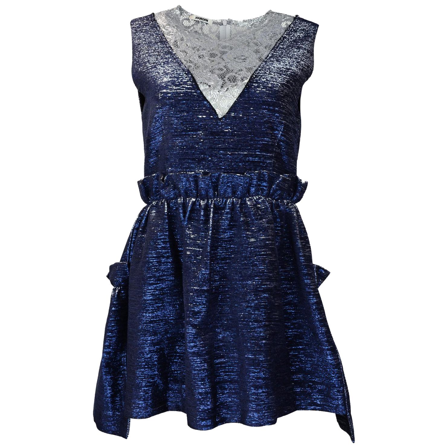Jourden NWT Blue Metallic Ruffle Dress W/ Silver Lace sz FR42/ US10