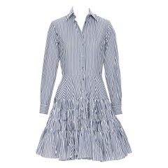JOURDEN blue white vertical stripe cotton shirred flared skirt dress FR36 S