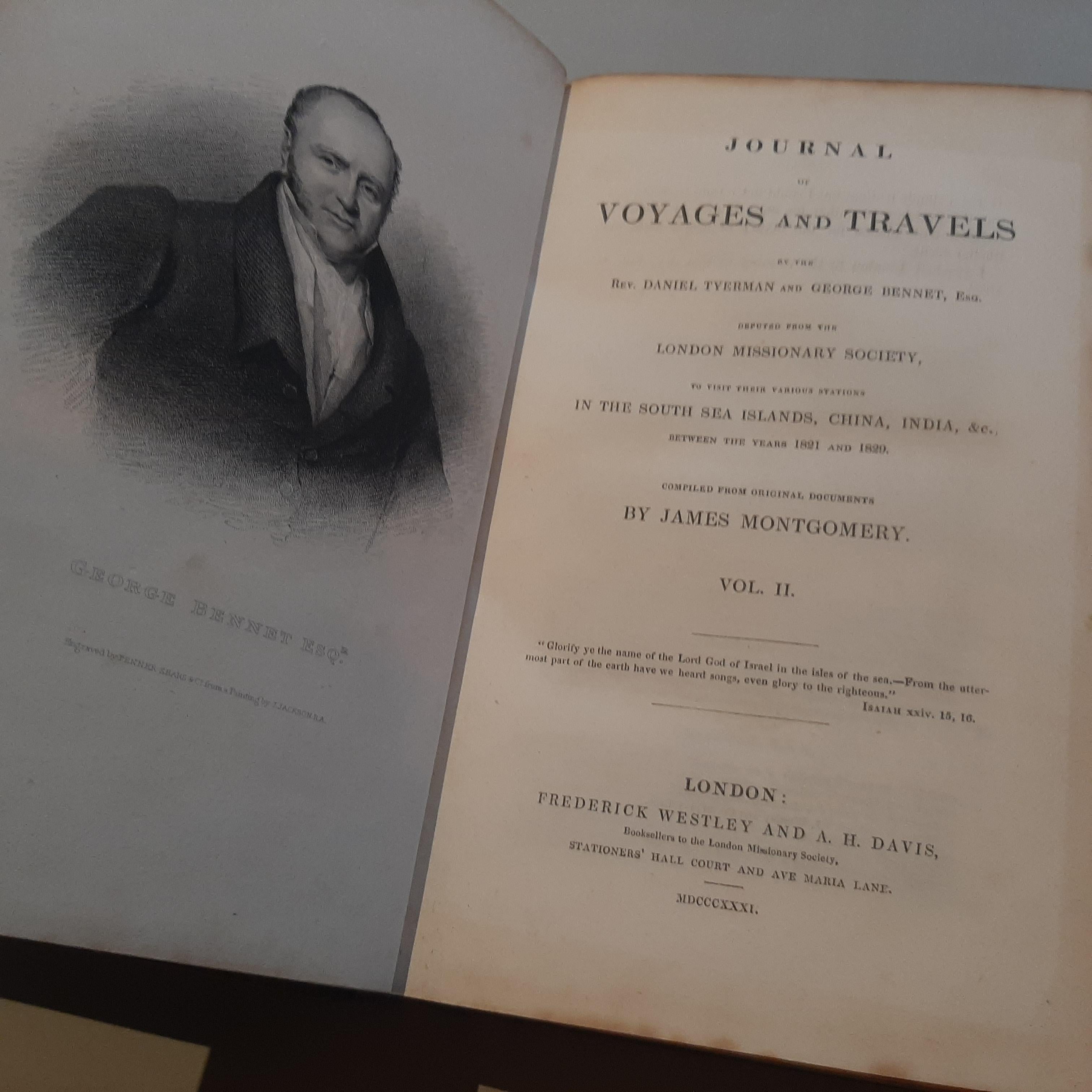 Two volumes 'Journal of Voyages and Travels (..)' by Tyerman (Rev. Daniel) & George Bennet. First edition, engraved portrait frontispieces and 12 plates, tissue guards, lacking advertisement leaf at end of vol.1, plates a little browned, occasional