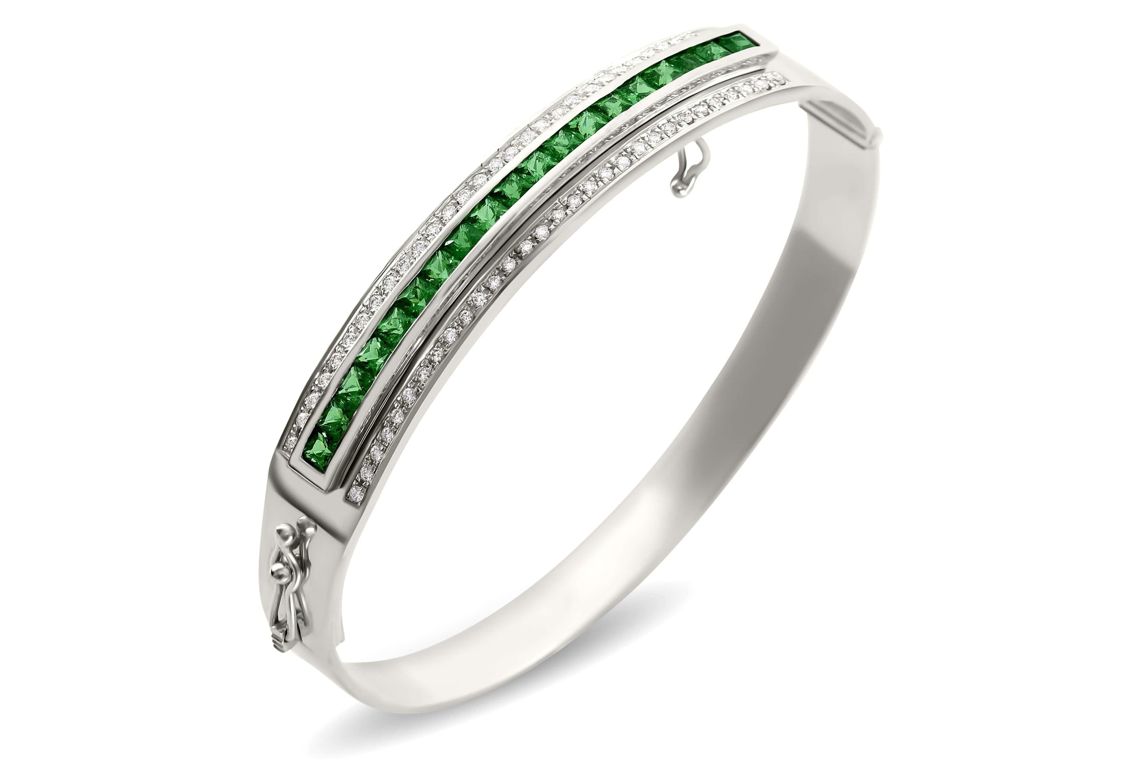 Brilliant Cut Journey Bangle, The Three Grace-Platinum with Sapphire, Ruby & Tsavorite Inserts For Sale