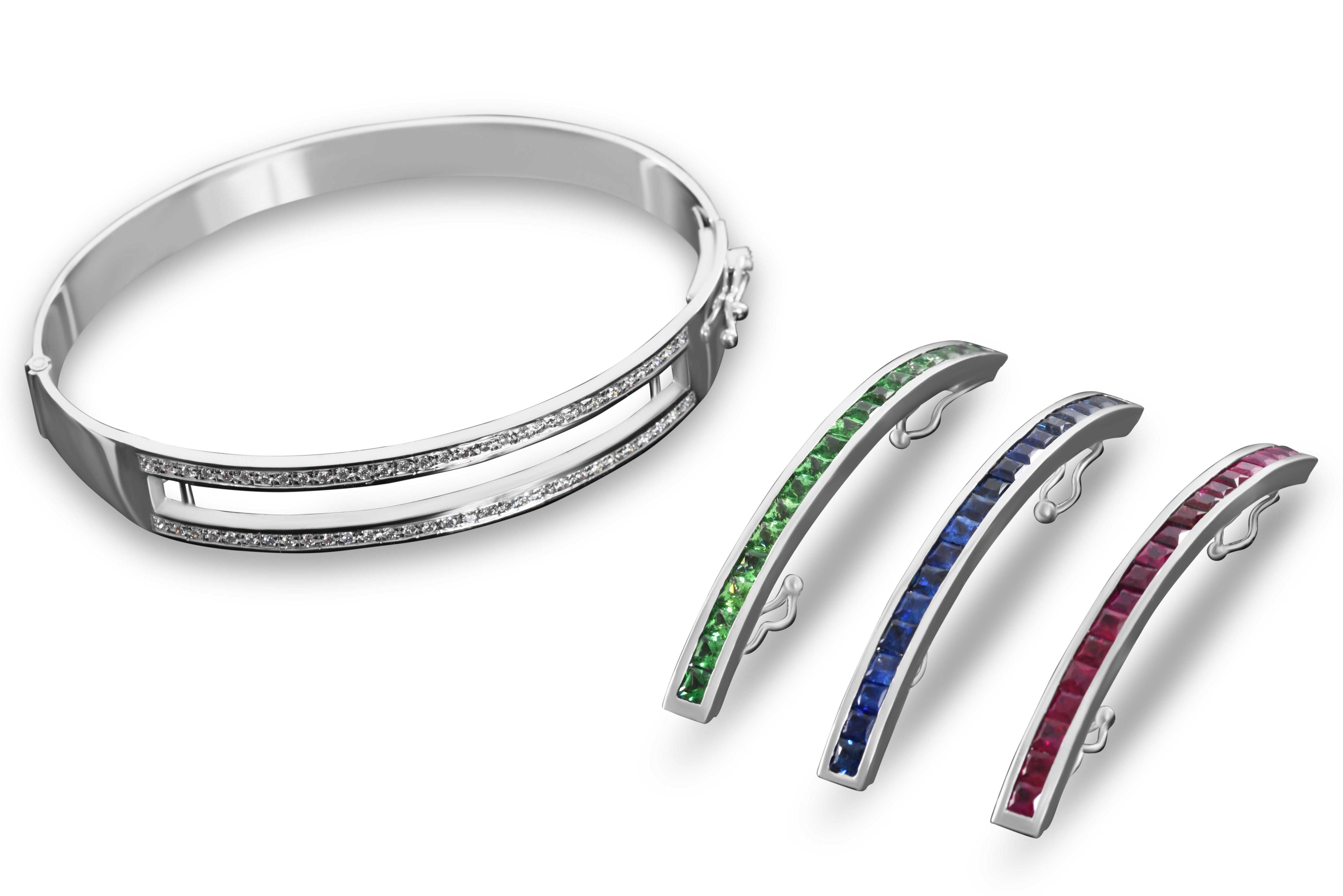 Women's Journey Bangle, The Three Grace-Platinum with Sapphire, Ruby & Tsavorite Inserts For Sale