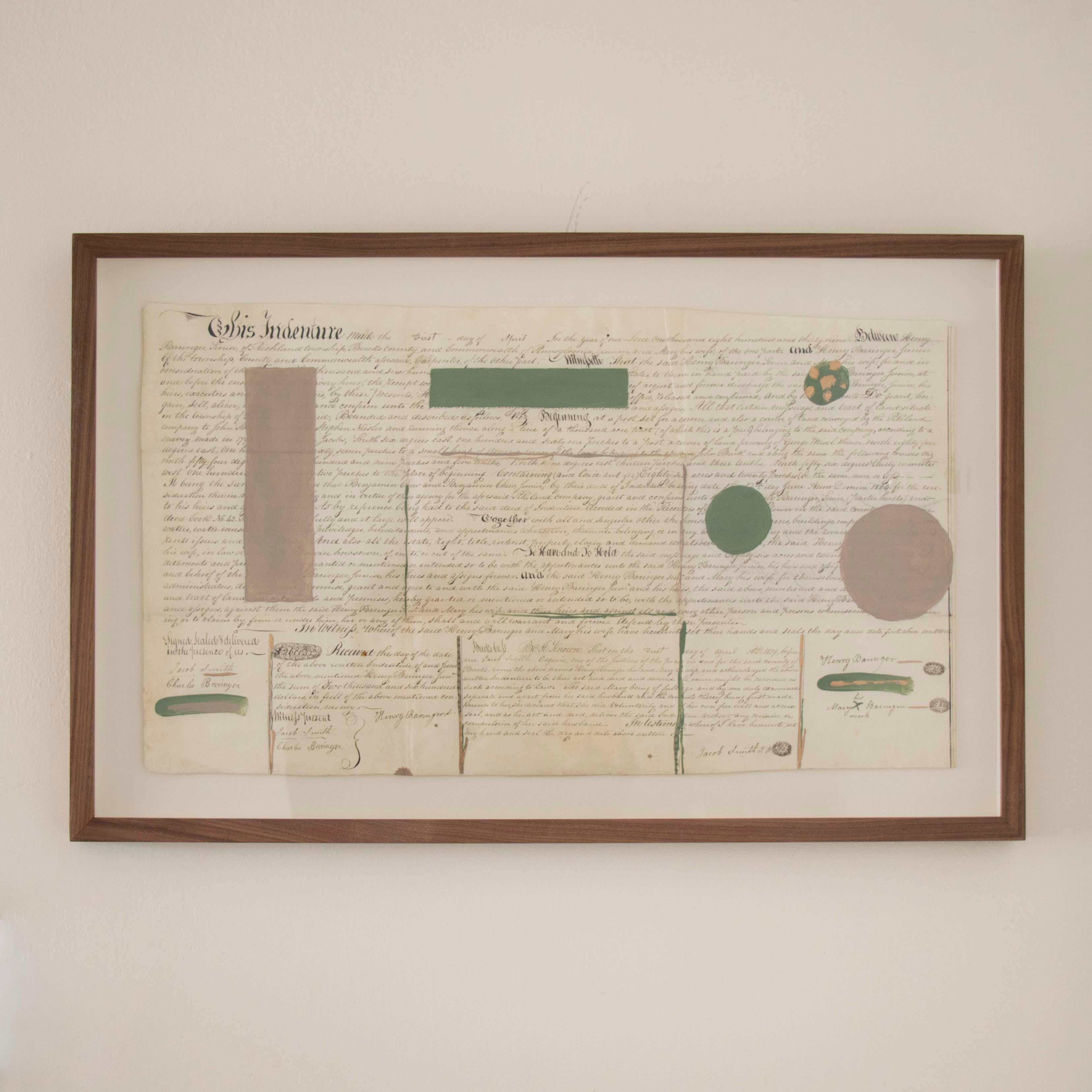 Preciosa pintura acrílica sobre una escritura de 1800 del artista contemporáneo Afsoon Thayer. Diseño abstracto pintado con acrílicos y pan de oro sobre una antigua escritura original de pergamino del municipio de Richland, condado de Bucks,