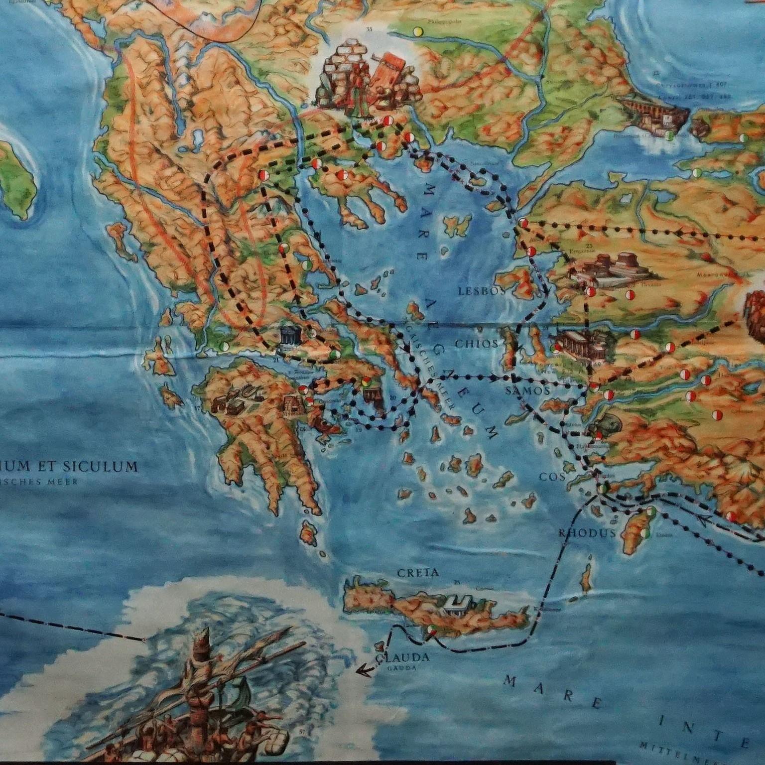 Religiöse Bibel Wandbild Reise des Apostel Paulus Rollable Vintage Map Wall Chart (20. Jahrhundert) im Angebot