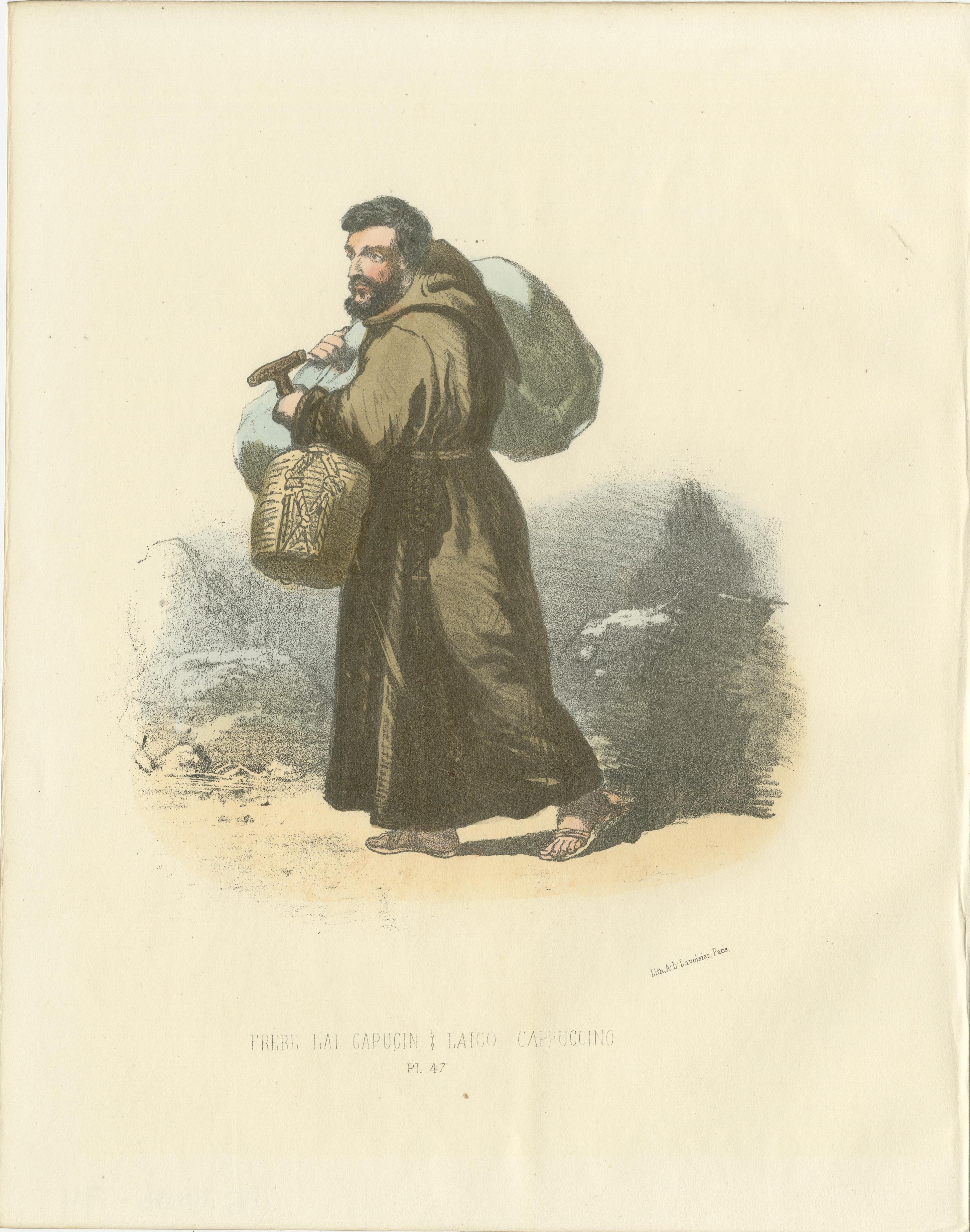 Viaggio di devozione: Il frate laico cappuccino in azione, Scheda 47  

Questa accattivante litografia del XIX secolo tratta dall'*Album ou Collection Complète, et Historique des Costumes de la Cour de Rome* raffigura un frate laico dell'ordine dei
