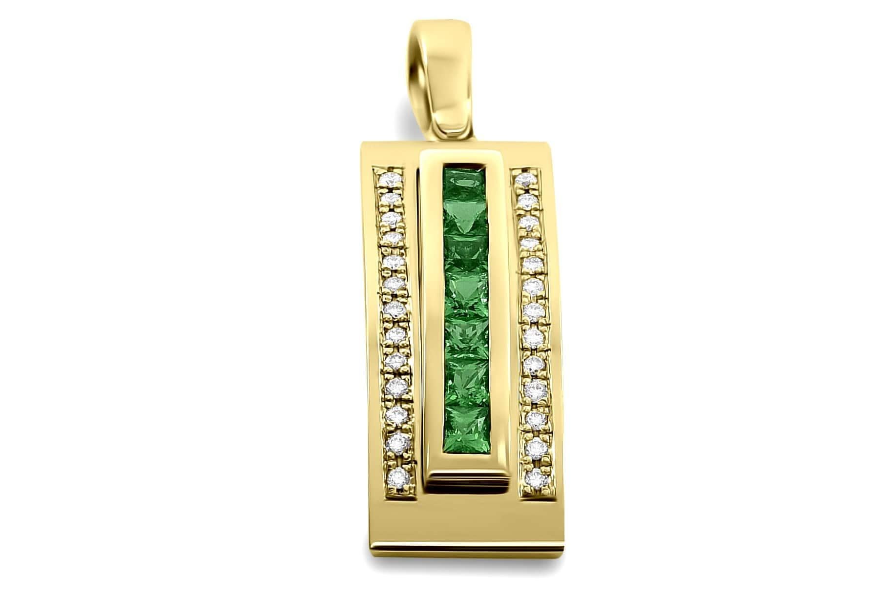 This stunning streamlined design pendant has been crafted with sleek elegance in mind. The solid 18k yellow gold foundation is brought to life by two rows of the finest brilliant cut diamonds. The centre insert is engineered to securely clip in and