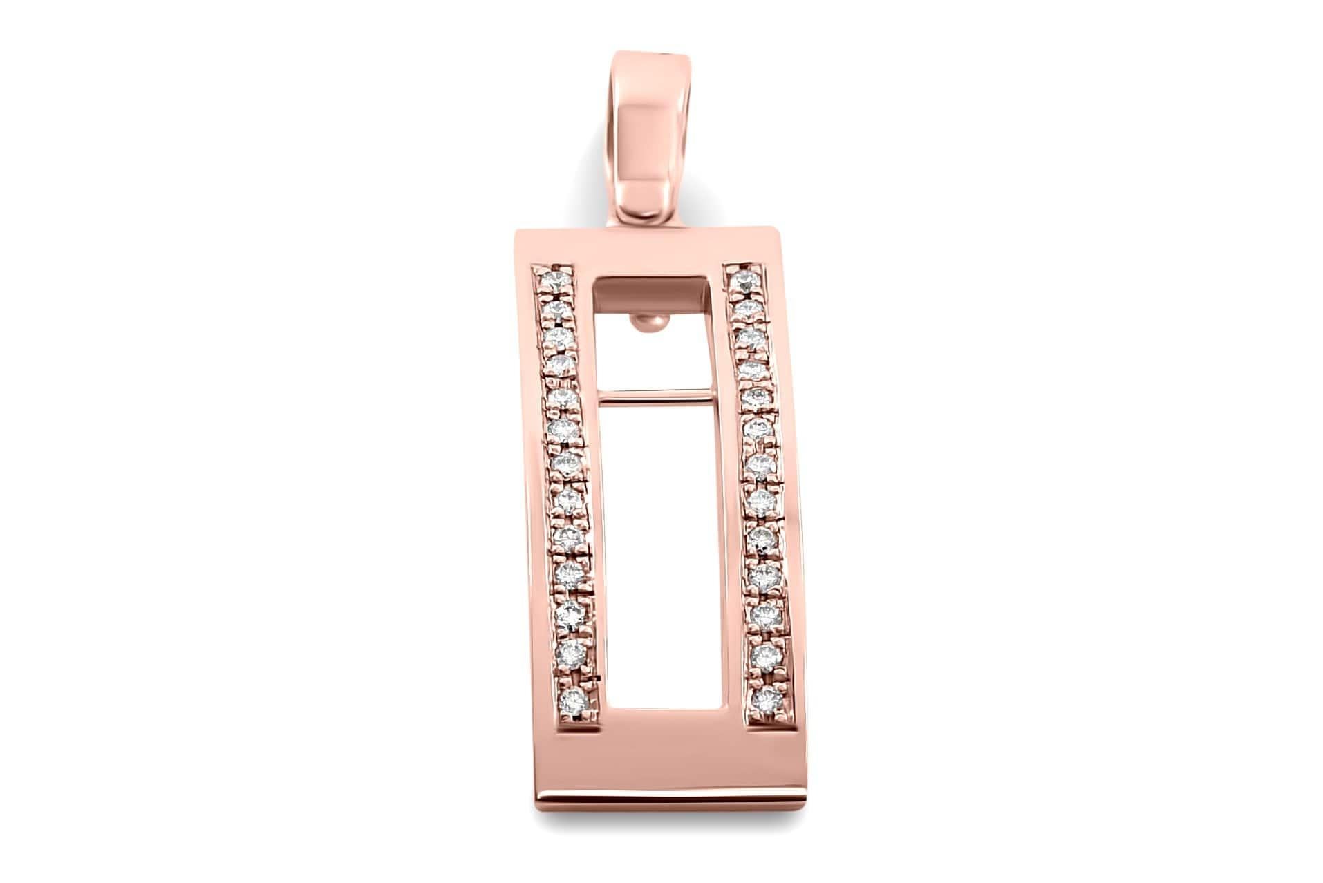 This stunning streamlined design pendant has been crafted with sleek elegance in mind. The solid 18k rose gold foundation is brought to life by two rows of the finest brilliant cut diamonds. The centre insert is engineered to securely clip in and