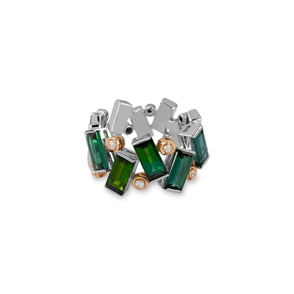 Baguette Cut Zorab Creation, Journey Ring with Vivid Green Tourmaline and Diamond 