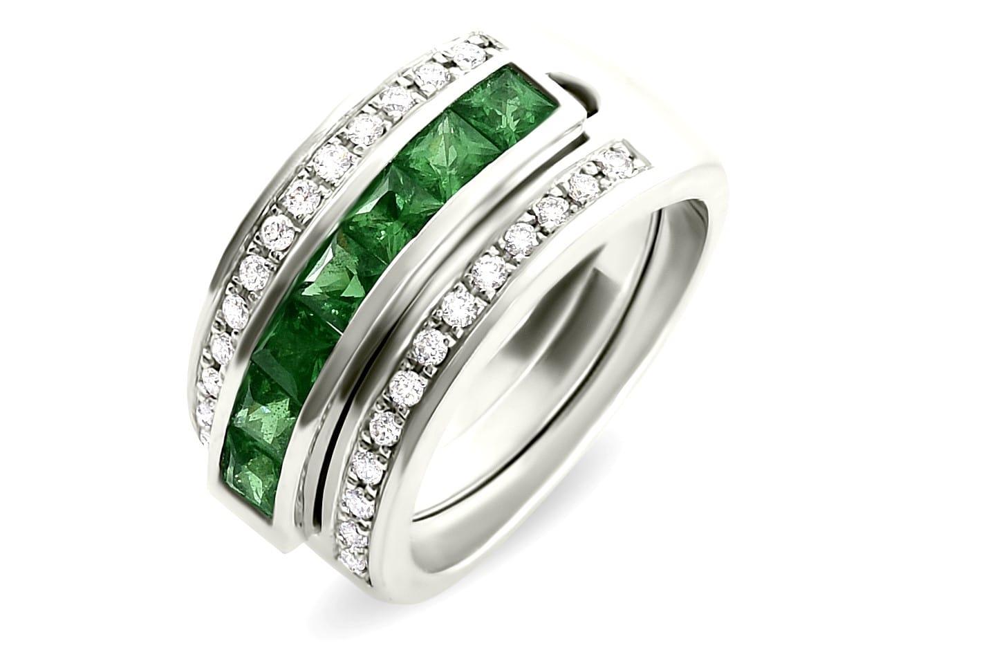 Brilliant Cut Journey Ring, the Three Graces, White Gold with Sapphire Ruby &Tsavorite Inserts For Sale