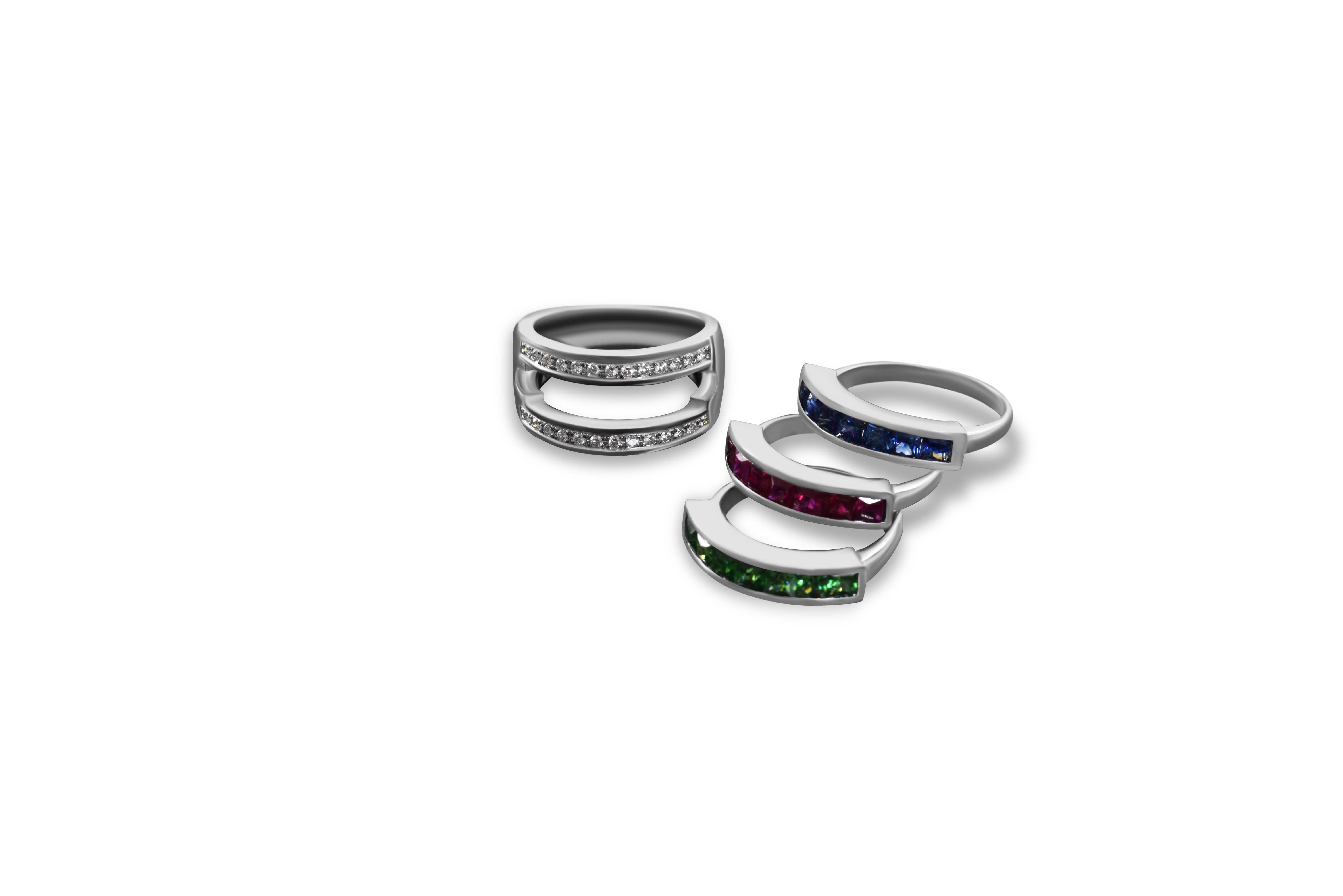 Women's Journey Ring, the Three Graces, White Gold with Sapphire Ruby &Tsavorite Inserts For Sale