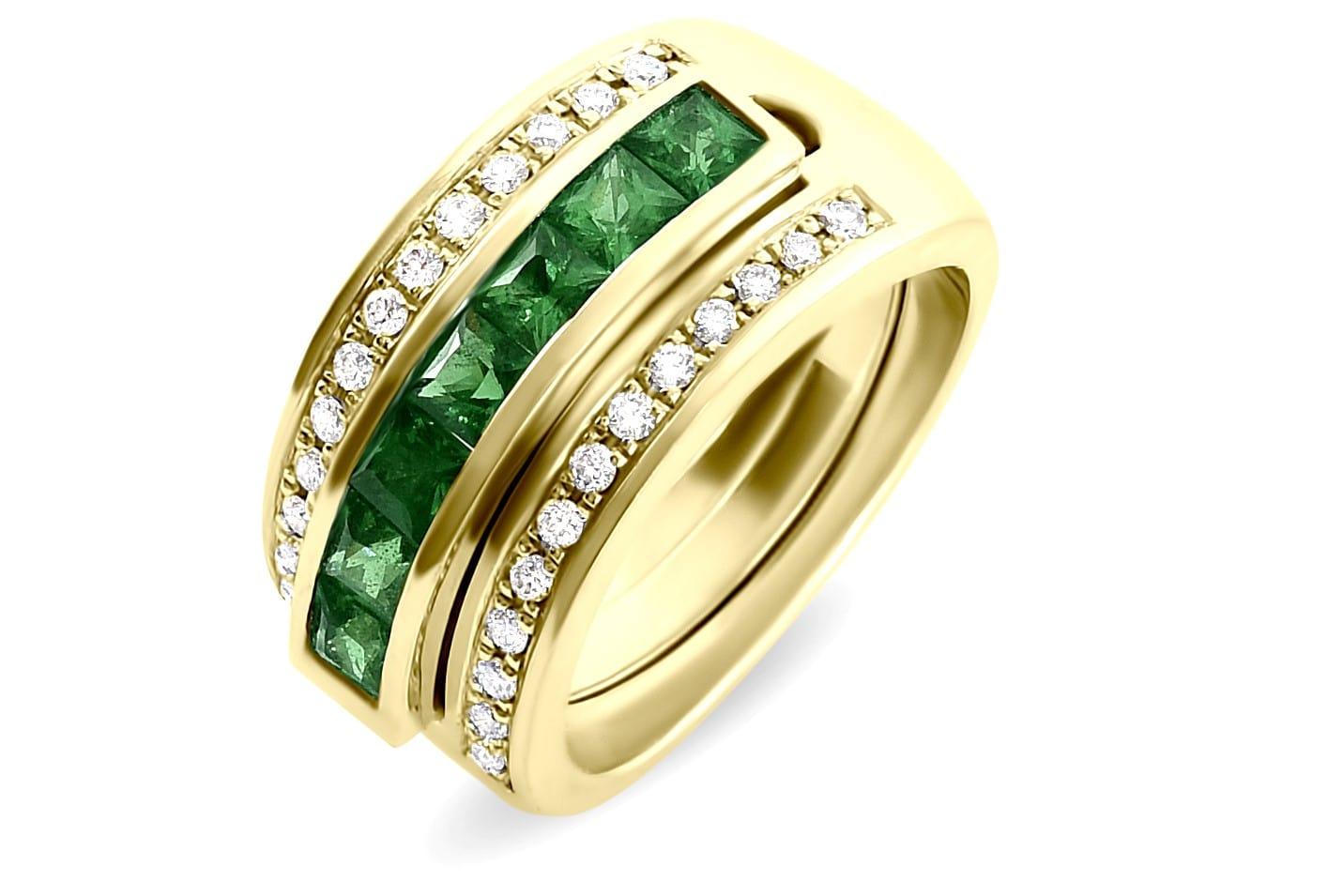 Women's Journey Ring, the Three Graces-Yellow Gold with Sapphire Ruby &Tsavorite Inserts For Sale