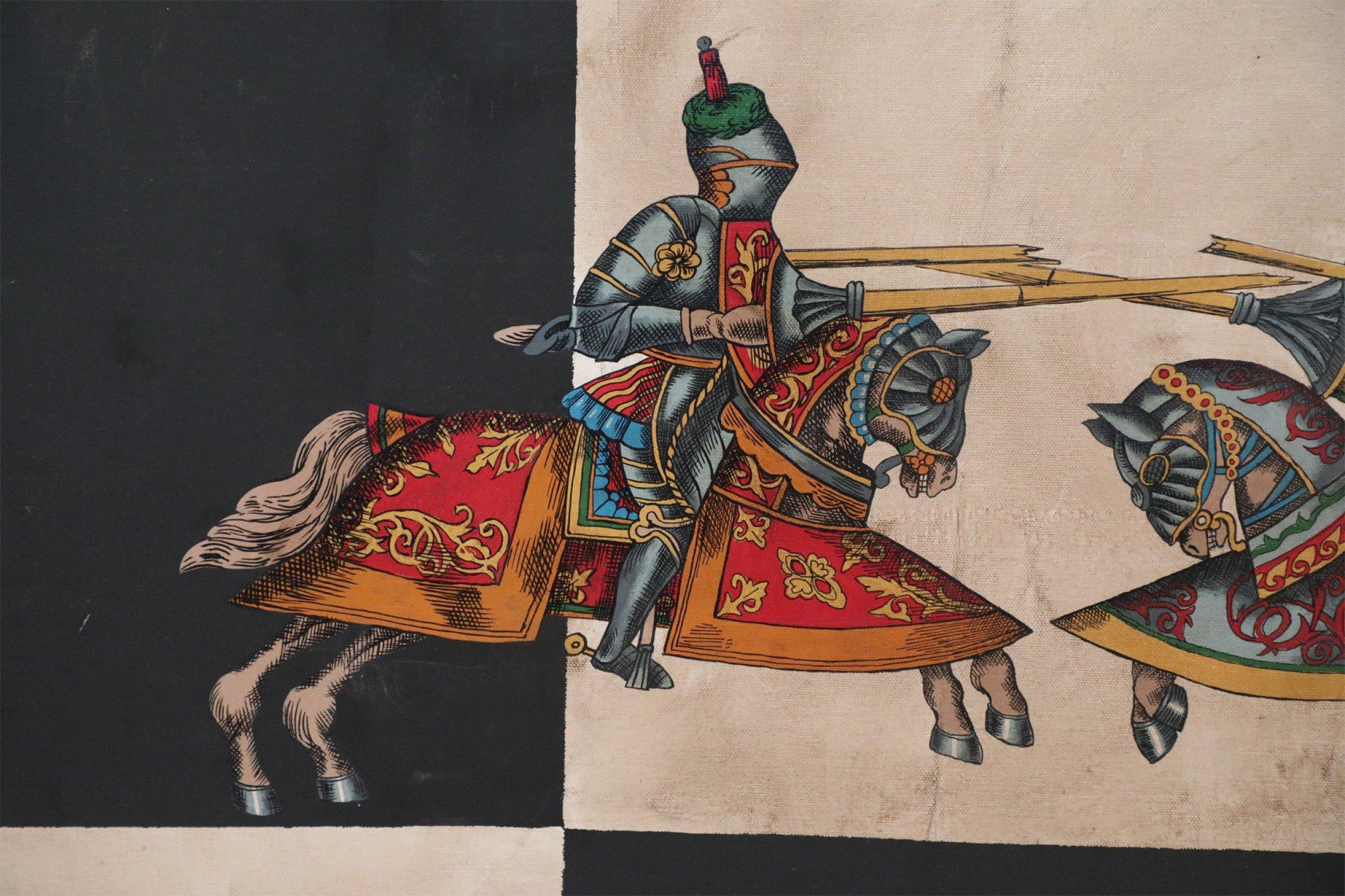 Vintage (20th Century) painting of two knights on horseback engaged in jousting against a black and beige chequered ground, on unframed canvas with scalloped edges at the top and bottom.
 