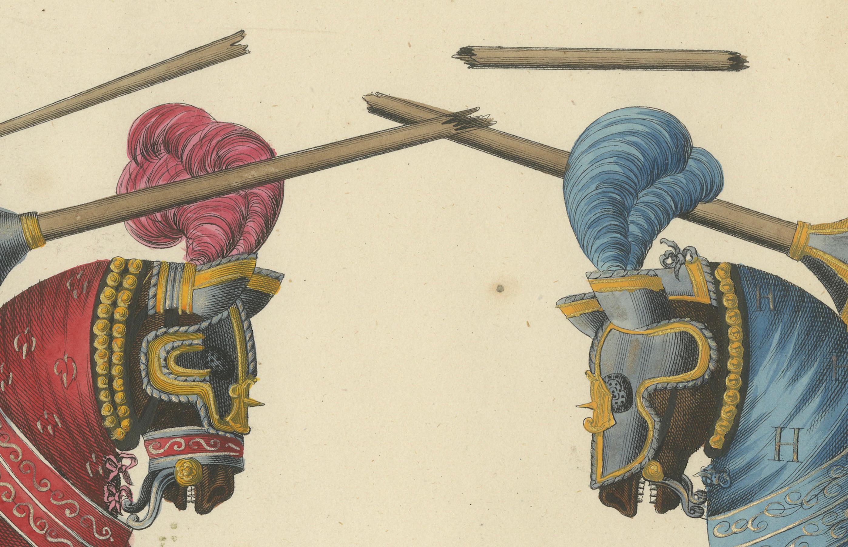 Das Ritterturnier: Ritter im Kampf  

Beschreibung: Diese handkolorierte Lithografie zeigt einen intensiven Moment in einem mittelalterlichen Ritterturnier, in dem zwei Ritter aufeinander losgehen, wobei die Lanzen zusammenstoßen und in der Luft