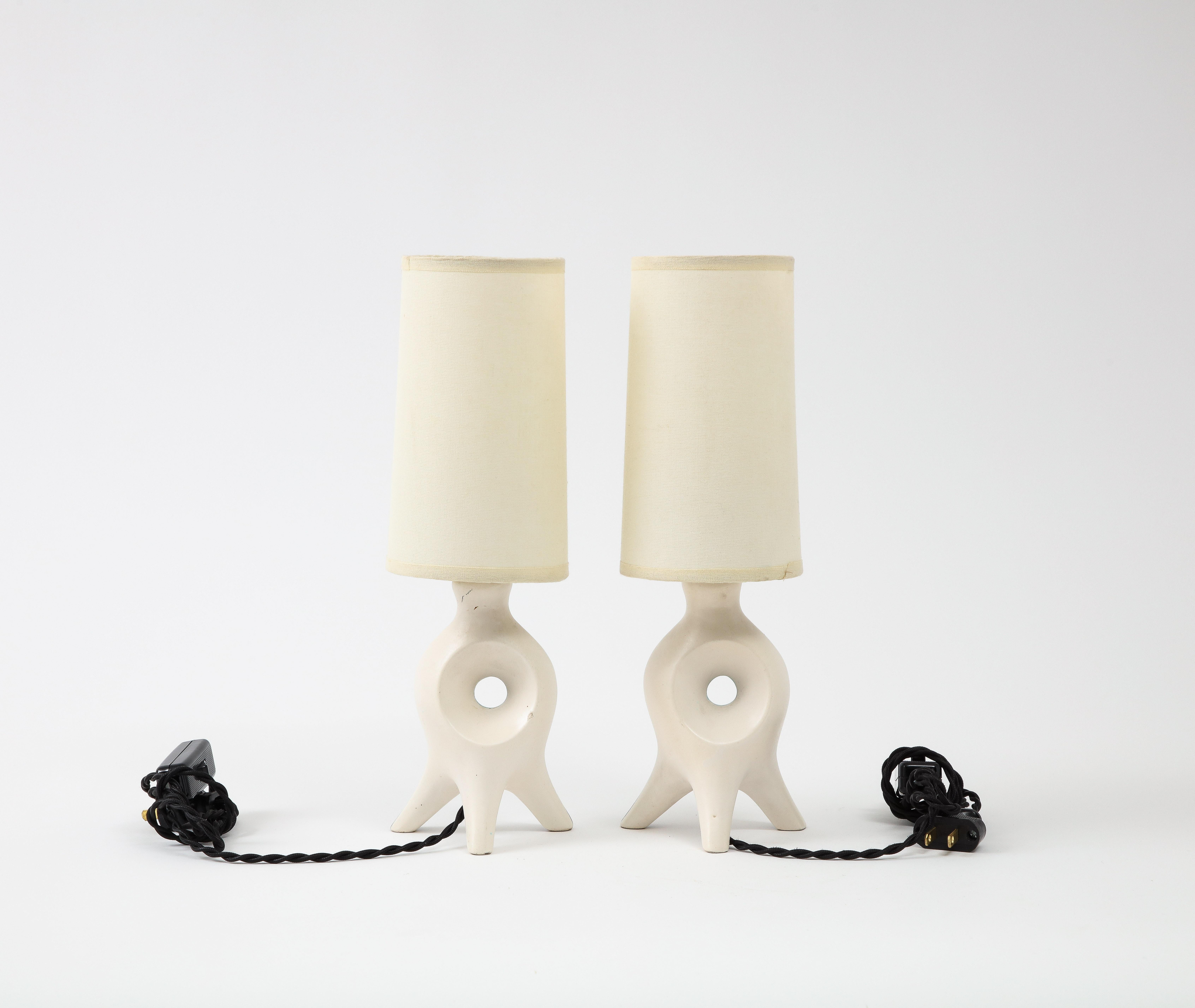 Mid-Century Modern Jouve Style Small Green & Off White Ceramic Table Lamps, France 1960's